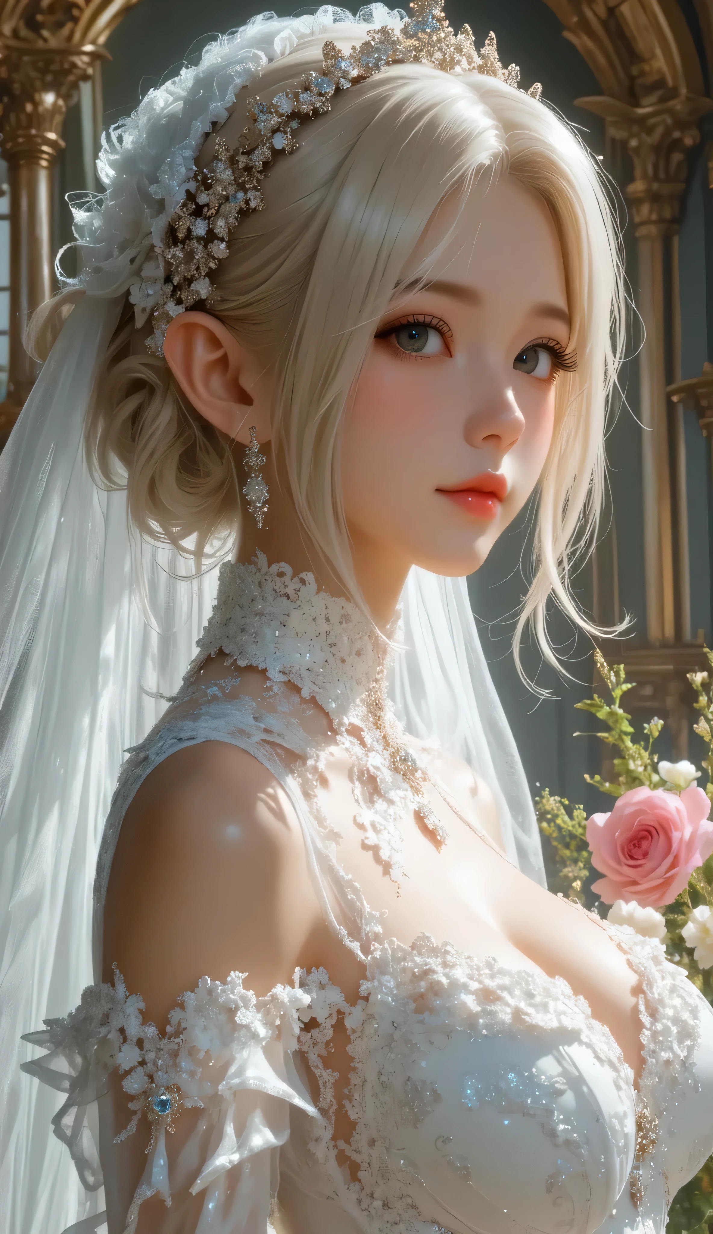  best quality , Super quality, 16k,  Unbelievably Absurd,  very detailed,  lovely photo,  delicate and dynamic,  Kiri Reina female,  seductive smile,  pure white wedding dress ,  great style , bouquet,  steampunk,  DIESEL PUNK ,  clock punk ,  cyberpunk, Glitter effect
