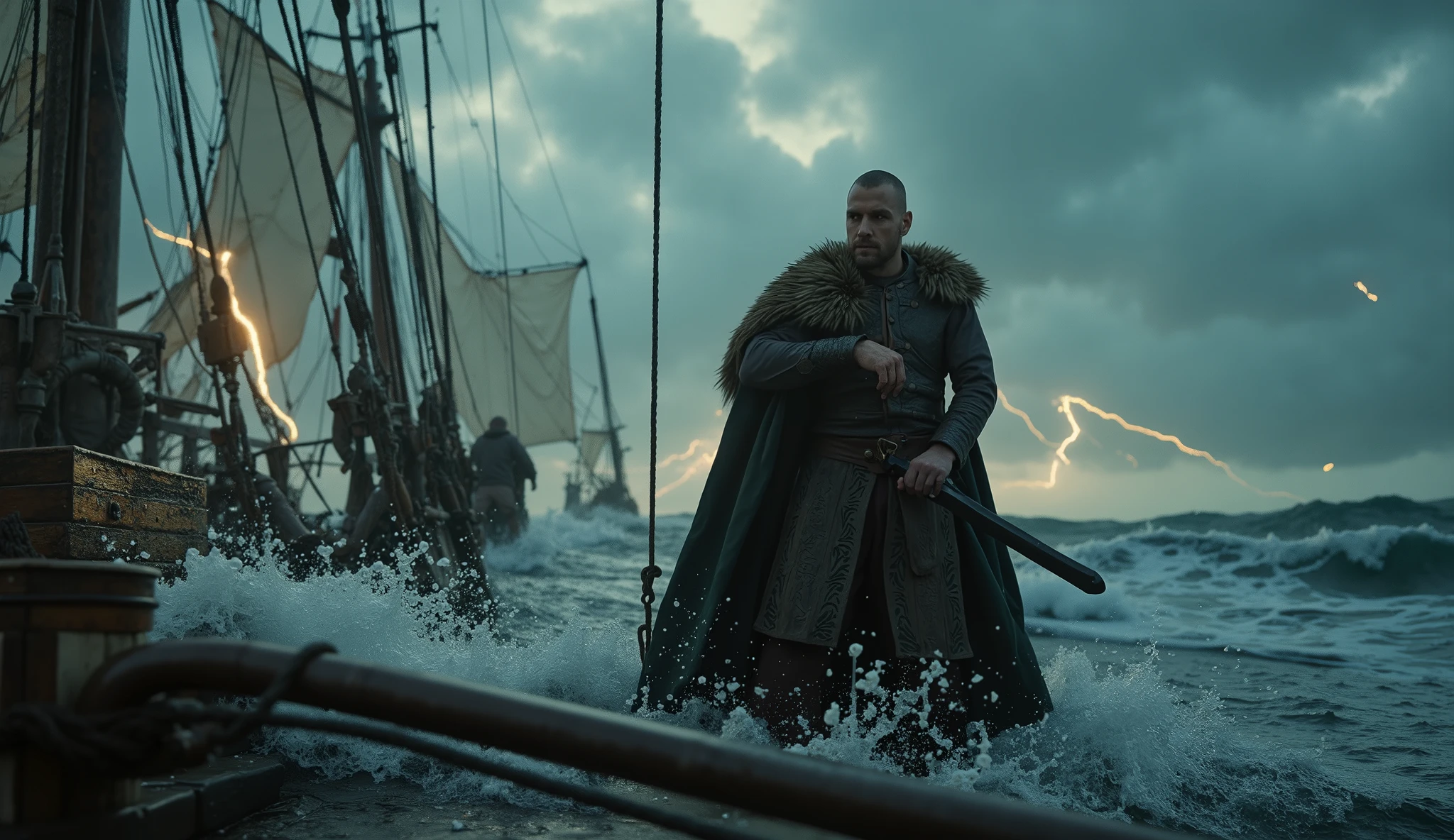 [Tracking shot] from a [low, dynamic angle], set on the [deck of a weathered ship under a stormy sky], captures [Vikings], a [mid-30s] man with a [lean build], [angular] facial structure, . In the background, [sailors struggle to control the sails as lightning illuminates the roiling sea], while the foreground includes [water splashing violently over the ship’s edge]. The environment is alive with [chaotic motion], such as [gusting winds and crashing waves]. The camera [follows Viking’s movement smoothly], panning and tilting with [fluid precision] at a [moderate] speed, offering a [dynamic perspective] with a [cinematic flow], emphasizing [his audacious persona amid the turmoil]. Lighting is [stark and intermittent], casting [flashes of harsh light and deep shadows] across the scene, creating a [tense and electrified] atmosphere. The composition follows [leading lines along the ship’s rigging], framing elements that highlight [Viking's commanding presence amidst chaos]. The color palette features an overall [stormy and muted] tone, with a detailed cinematic palette of [steely greys, deep ocean blues, and flickering yellow highlights]. The scene concludes with [Viking dramatically drawing his cutlass], as [a wave crashes against the ship, setting up the next moment of peril].