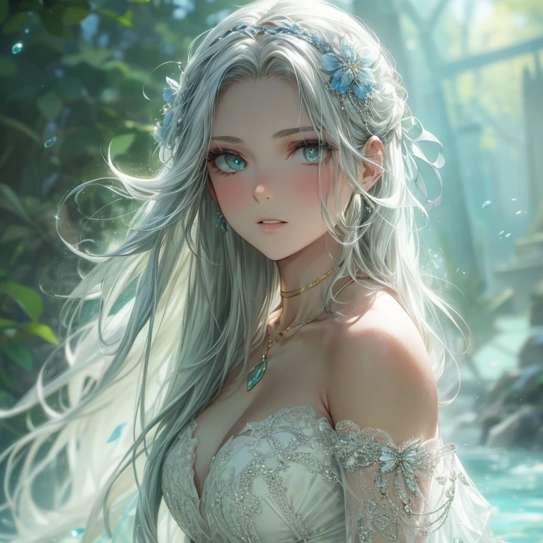 a beautiful indian woman bathing in a waterfall in the mountains, detailed portrait, beautiful detailed eyes, beautiful detailed lips, extremely detailed face, longeyelashes, elegant flowing hair, graceful posture, serene expression, water flowing around her, mist and fog in the background, warm natural lighting, hyper realistic, 8k, high quality, masterpiece, photorealistic, vibrant colors, dynamic composition, Dynamic Angle, full body photo