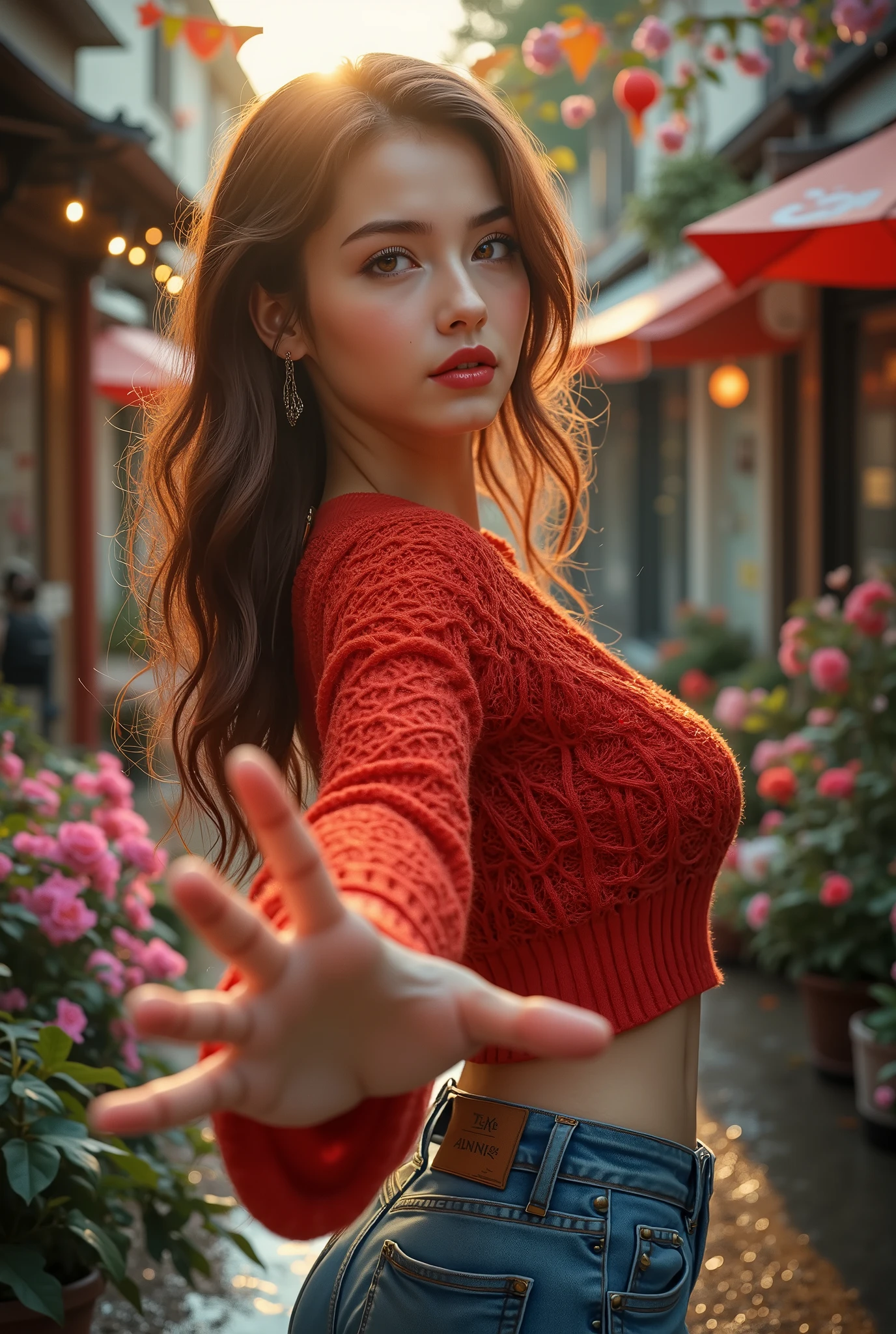  [Style: "masterpiece, realistic, Photorealistic realism, Hyper high resolution" - "(Hyper quality, intricate ultra-detailed digital art)"] (Key Directive: "The priority is the anatomical accuracy and texture of the materials as well as the quality of the eyes") {Character: "20-year-old white female" | Face: "symmetrical, pale skin, full lips, red lipstick: 1.15" | Eyes: "((sharp focus, no blurry eyes, Hyper absurd quality, Hyper details, {Hyper realistic brown eyes:1.4})) ((extra narrow eyebrows)) (Carefully draw Long blue_mascara:1.23) (perfect round eyes)" | Hair: "waist-length red curly (setting light reflections: 0.5)" | Pose: "backward position, dynamic, hips slightly bent, hand on hip" - "the other hand is stretched out towards the viewer (inviting hand gesture)" Outfit: [Top: "red long-sleeved sweater (a bold, feminine, elaborately detailed: 0.75)"] [Bottom: "short denim shorts ((tight, smooth))"] Environment: "garden street at sunset (((rain-slick cobblestones), colorful flowers, cherry blossoms))" | Lighting: - "Cinematic clarity and global illumination") Technical Specs: (DOF: "shallow, f/1.8, blurred crowd in background") (Post-Processing: "Specifications: (DPF: "deep, f/1.8, distinct garden in the background") (Post-production: "chromatic aberration: 0.7") (Rendering engine: "Unreal Engine 5 path tracing, 16K texture maps") }