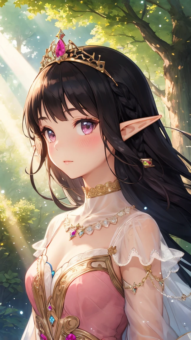 ((best quality)), ((masterpiece)), (detailed), perfect face, elf, black hair, long hair, purple eyes, dress, flowers, pink flowers, happy, sunny, green grass, lawn, lace choker, romantic, soft smile, looking at viewer, portrait, ribbons