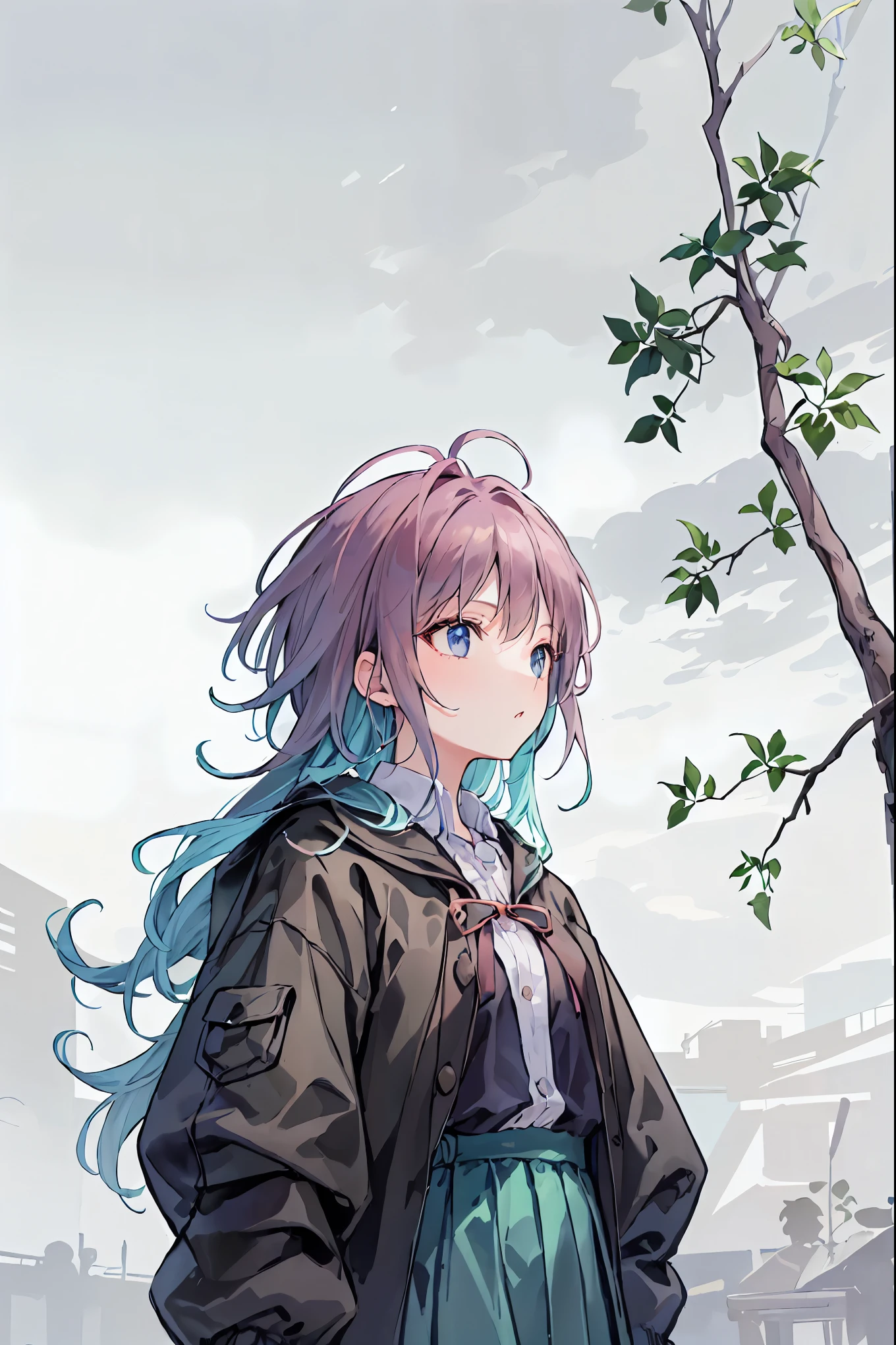 (( masterpiece)), ((Top Quality)), ((Top Quality)), (( very detailed)), ((8k CG wallpaper)), ((very delicate and beautiful)), ((shape)), (high resolution),Straight, Woman with slightly wavy orange hair、and lots of purple hair dyed purple, dark black pants , bbo ~, black t-shirt , red jacket .