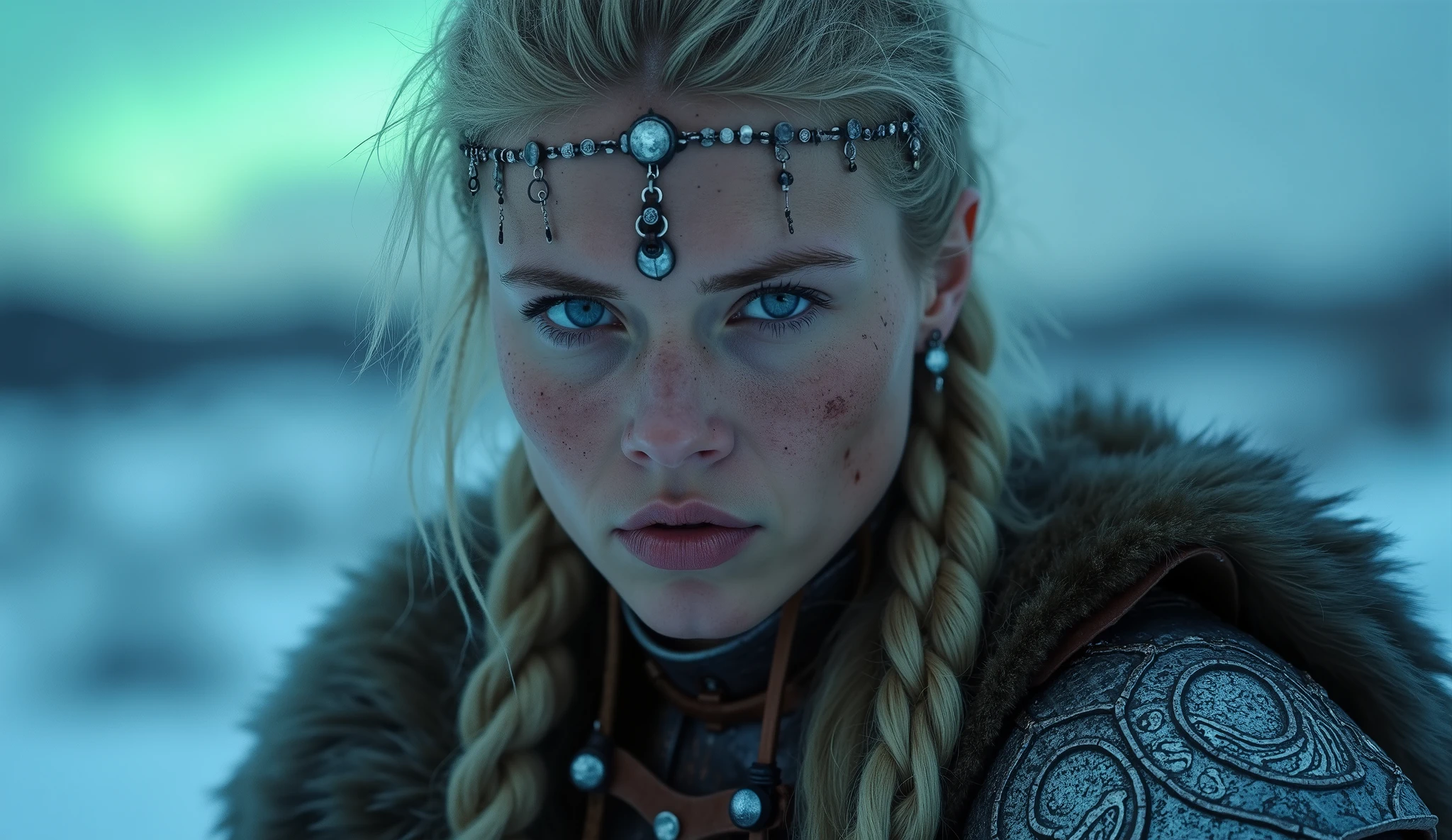 A cinematic close-up portrait of a fierce Viking warrior woman with piercing BRIGHT BLUE eyes that reflect the northern lights. Her face shows subtle battle scars, enhancing her strong Nordic features. Her long braided blonde hair adorned with intricate silver and leather ornaments, small braids decorated with authentic Viking beads and rings. She wears a detailed leather and fur collar with traditional Norse patterns, metal shoulder armor with engraved Nordic symbols. The lighting is dramatic, with cool blue tones from above creating depth and shadows across her face. Her expression is intense and proud, capturing the spirit of a shield-maiden. The background shows a blurred snowy landscape during twilight, with hints of aurora borealis casting an ethereal glow.