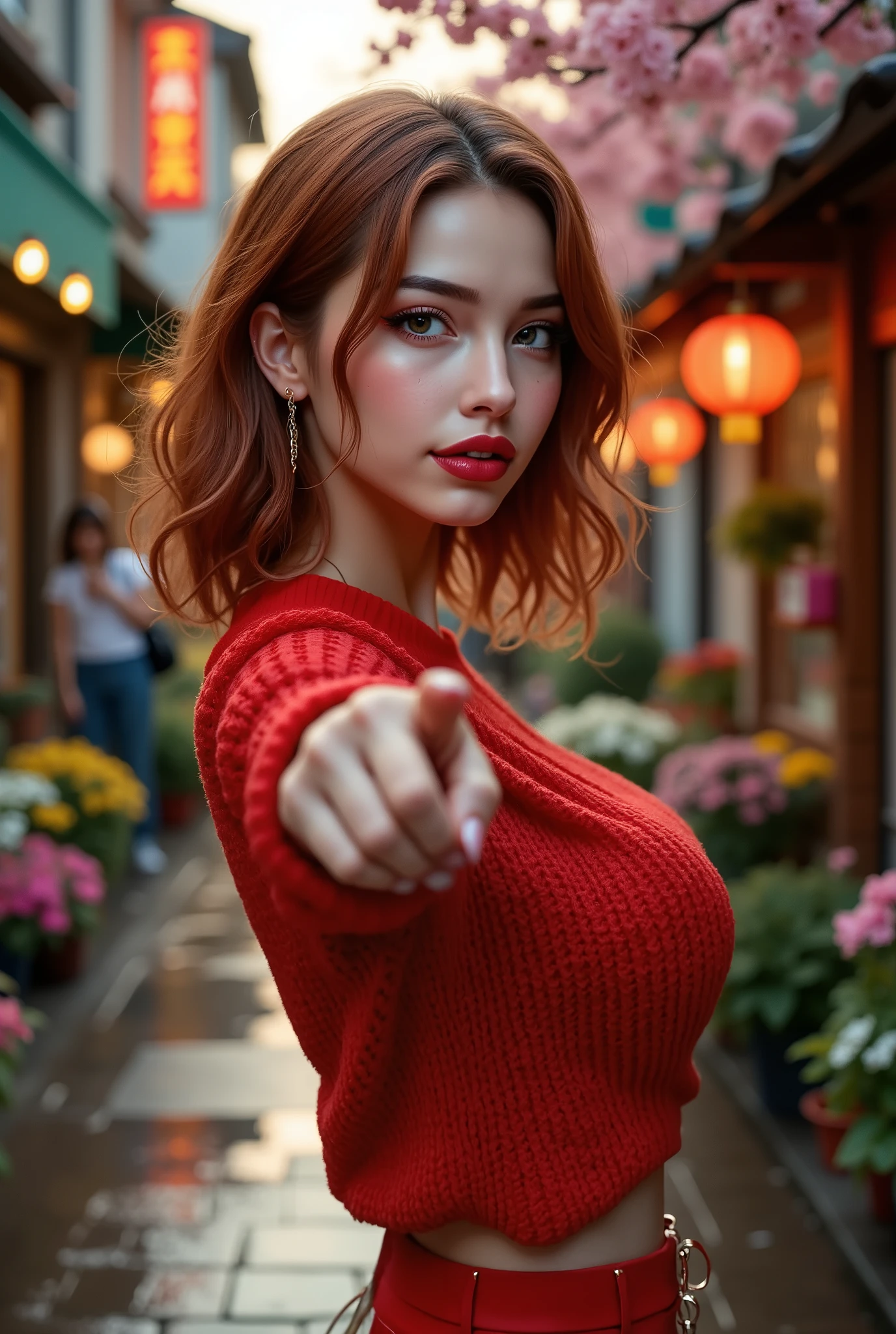  [Style: "masterpiece, realistic, Photorealistic realism, Hyper high resolution" - "(Hyper quality, intricate ultra-detailed digital art)"] (Key Directive: "The priority is the anatomical accuracy and texture of the materials as well as the quality of the eyes") {Character: "20-year-old white female" | Face: "symmetrical, pale skin, full lips, red lipstick: 1.15" | Eyes: "((sharp focus, no blurry eyes, Hyper absurd quality, Hyper details, {Hyper realistic brown eyes:1.4})) ((extra narrow eyebrows)) (Carefully draw Long blue_mascara:1.23) (perfect round eyes)" | Hair: "waist-length red curly (setting light reflections: 0.5)" | Pose: "backward position, dynamic, hips slightly bent, hand on hip" - "the other hand is stretched out towards the viewer (inviting hand gesture)" Outfit: [Top: "red long-sleeved sweater (a bold, feminine, elaborately detailed: 0.75)"] [Bottom: "short denim shorts ((tight, smooth))"] Environment: "garden street at sunset (((rain-slick cobblestones), colorful flowers, cherry blossoms))" | Lighting: - "Cinematic clarity and global illumination") Technical Specs: (DOF: "shallow, f/1.8, blurred crowd in background") (Post-Processing: "Specifications: (DPF: "deep, f/1.8, distinct garden in the background") (Post-production: "chromatic aberration: 0.7") (Rendering engine: "Unreal Engine 5 path tracing, 16K texture maps") }