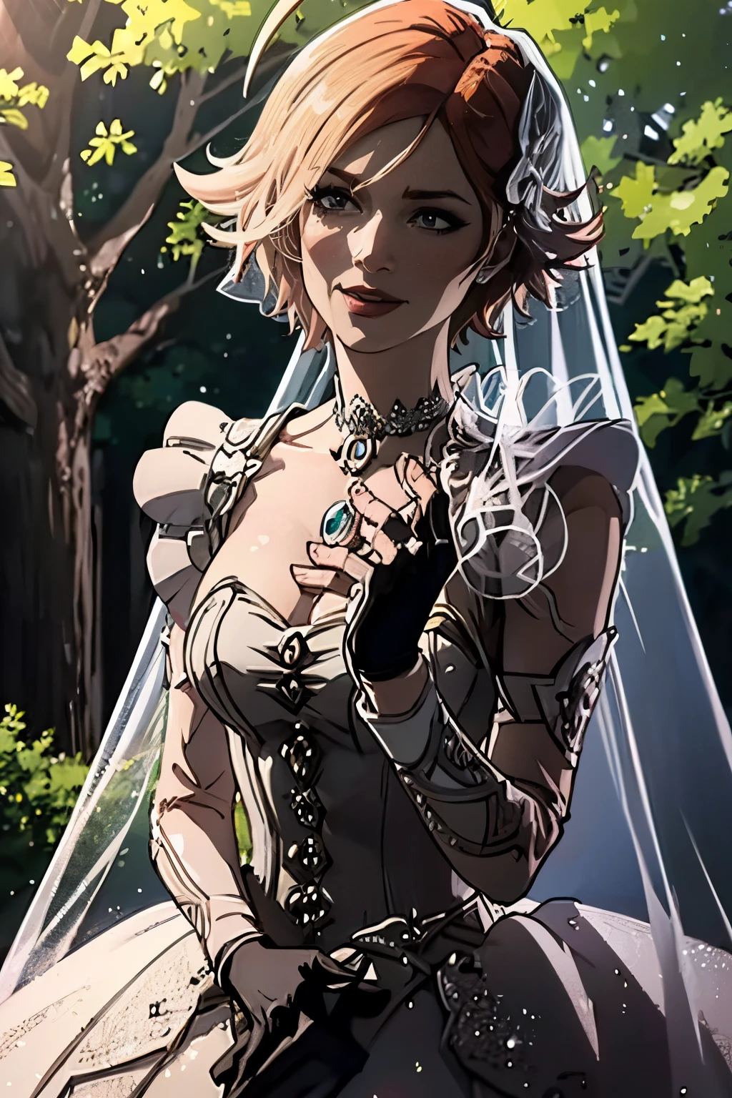 Lilith Borderlands, hair between eyes, ahoge, blonde hair, star \(symbol\), hair ornament, ruffled tulle dress, cleavage, bare shoulders, collarbone, long black elbow gloves, black gloves, black dress, black choker, strapless, tiara, veil, strapless dress, princess dress, veil, beautiful woman, perfect body, perfect breasts, wearing a princess dress, ball gown, in the park trees, wedding decorations, a warm smile, realism, masterpiece, textured skin, super detail, high detail, high quality, best quality, 1080p, 16k