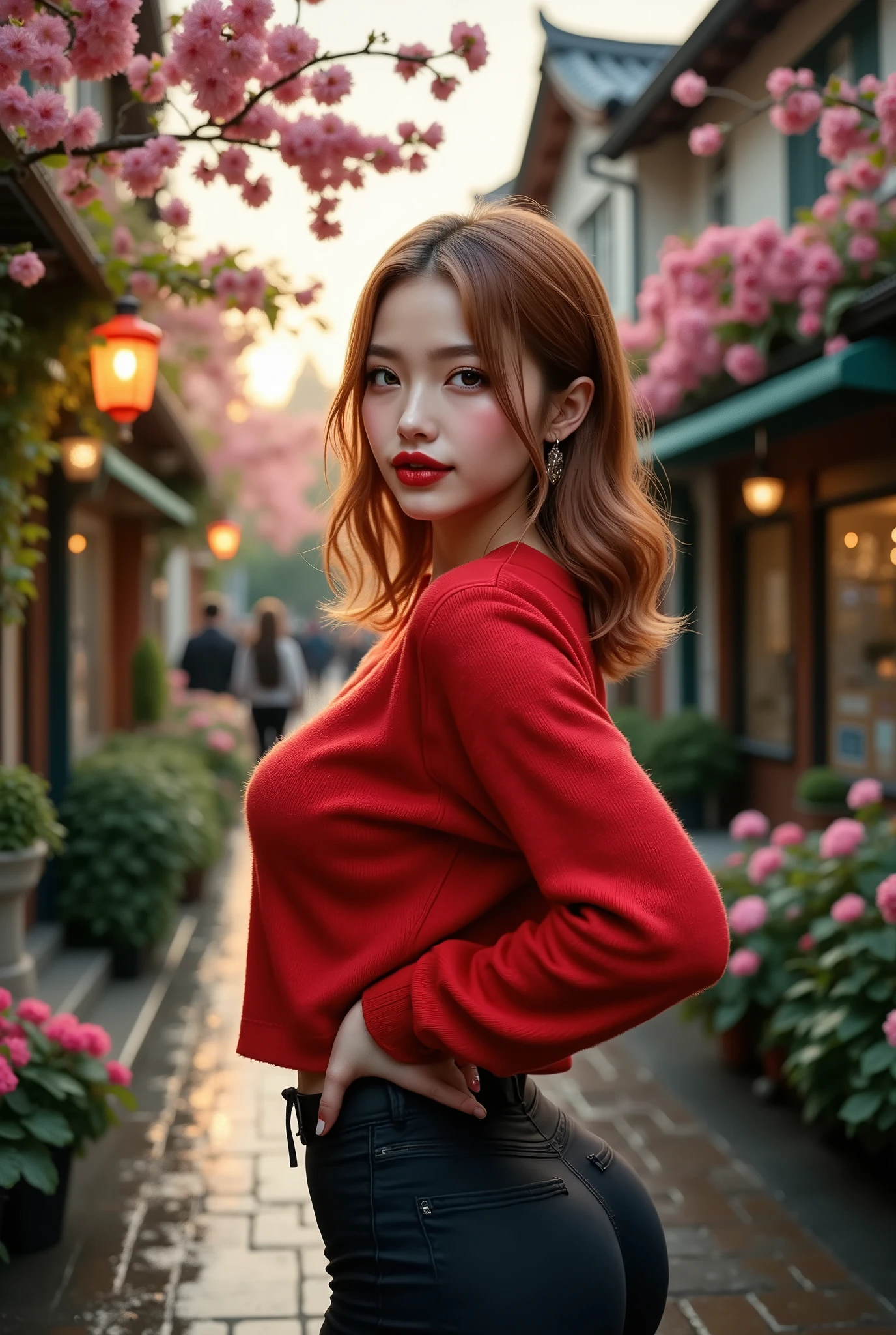  [Style: "masterpiece, realistic, Photorealistic realism, Hyper high resolution" - "(Hyper quality, intricate ultra-detailed digital art)"] (Key Directive: "The priority is the anatomical accuracy and texture of the materials as well as the quality of the eyes") {Character: "20-year-old white female" | Face: "symmetrical, pale skin, full lips, red lipstick: 1.15" | Eyes: "((sharp focus, no blurry eyes, Hyper absurd quality, Hyper details, {Hyper realistic brown eyes:1.4})) ((extra narrow eyebrows)) (Carefully draw Long blue_mascara:1.23) (perfect round eyes)" | Hair: "waist-length red curly (setting light reflections: 0.5)" | Pose: "backward position, dynamic, hips slightly bent, hand on hip" - "the other hand is stretched out towards the viewer (inviting hand gesture)" Outfit: [Top: "red long-sleeved sweater (a bold, feminine, elaborately detailed: 0.75)"] [Bottom: "short denim shorts ((tight, smooth))"] Environment: "garden street at sunset (((rain-slick cobblestones), colorful flowers, cherry blossoms))" | Lighting: - "Cinematic clarity and global illumination") Technical Specs: (DOF: "shallow, f/1.8, blurred crowd in background") (Post-Processing: "Specifications: (DPF: "deep, f/1.8, distinct garden in the background") (Post-production: "chromatic aberration: 0.7") (Rendering engine: "Unreal Engine 5 path tracing, 16K texture maps") }