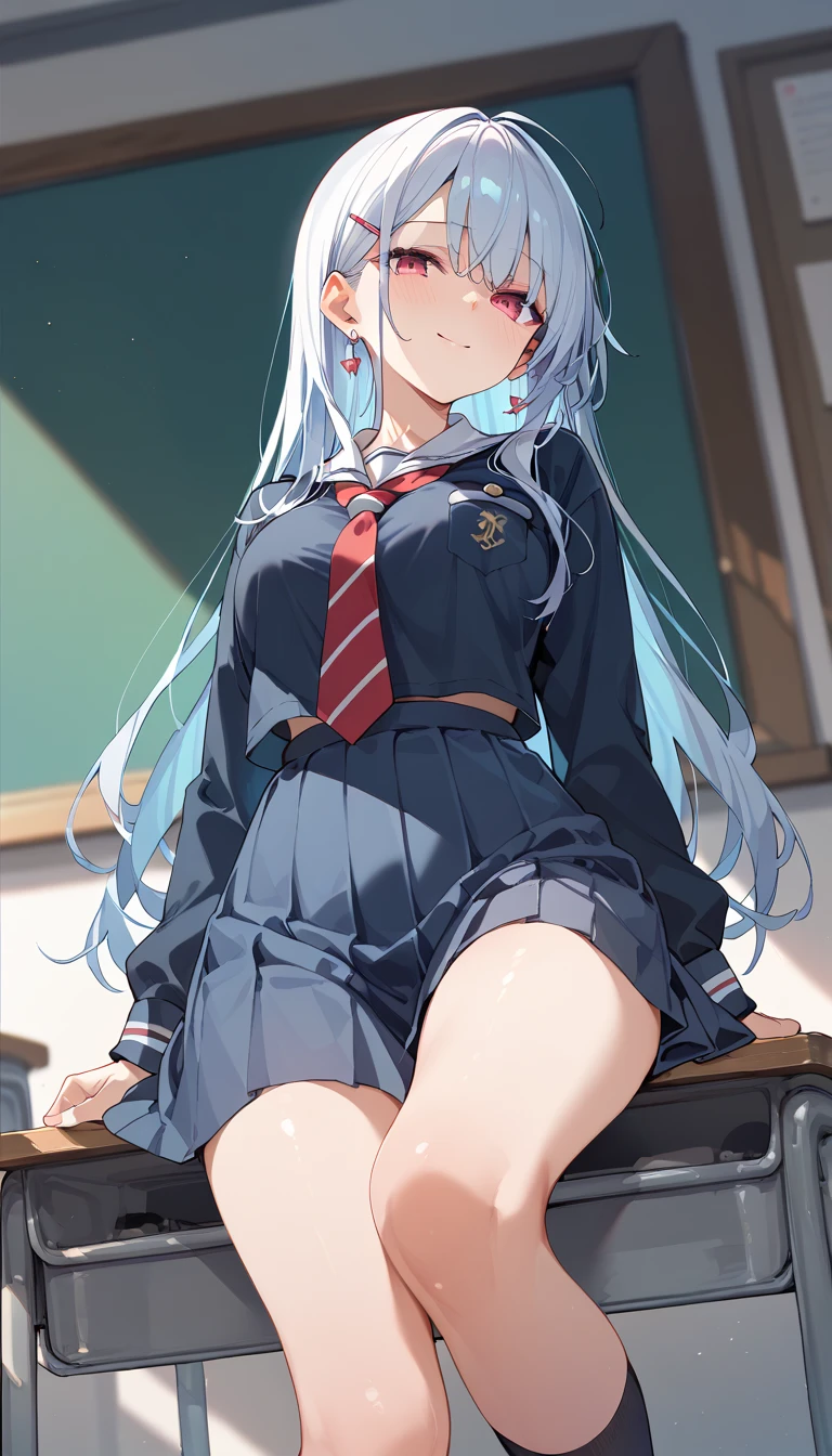 (8K, Best Quality, Masterpiece:1.3)), Ultra High Resolution, (1 Girl, 1 Person), (Color Changing Eyes, Super Detailed, Expressive Sparkle, Sparkling, Glowing Eyes), Highly Detailed Eyes, Highly Detailed Face, Random Hair, (Silver-Grey Color), "A woman lying on her back in a sailor uniform." The background is a school courtyard with trees and flower beds. After school, the light of the setting sun paints the courtyard orange. The woman is lying on her back, her silver hair spread out on the grass. She is wearing a traditional white and gray sailor uniform. The buttons on her sailor uniform are undone and open, revealing her cute light green bra. The bra has frills and ribbon details. The skirt of the sailor uniform is lifted slightly, and the skirt above her knees is fluttering in the wind. Her light green panties, the same color as her bra, are visible, and she is smiling sweetly, blushing slightly. Her figure blends into the natural beauty of the courtyard, and the setting sun in the background adds a soft glow to the entire image.