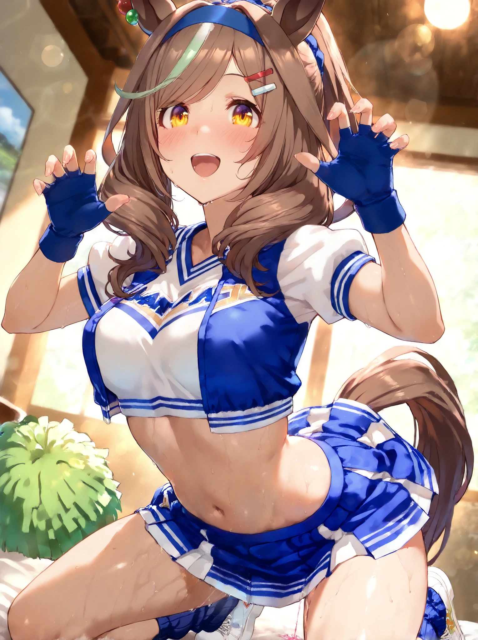 sexy dance show,(stadium, blurry background,blue sky,strong wind:1.2),MihonoBourbon \(umamusume\),perfect hands, perfect finger,perfect anatomy,masterpiece, best quality,realistic, hyperrealistic, 16k hdr,,what does the fox say,open mouth, happy smile, long hair, blush,  belt, crop top, blue ultra miniskirt, pleated skirt, midriff, detached sleeves, elbow gloves,sweat,navel,large breasts,cleavage,erected nipples,(from below:1.2),micro panty,horse tail