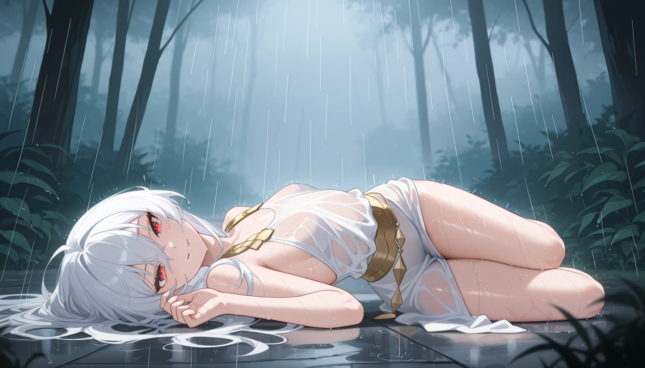 masterpiece, highres, absurdres, depth of field, best quality, amazing quality, very aesthetic, high resolution, newest, hyper-detailed, 1girl, mature woman, full body shot, seductive pose, detailed skin, extremely detailed eyes, HoSenti, long hair, white hair, red eyes, small breasts, smirk, tsurime, head tilt hair between eyes, greco-roman clothes, nature, aura of white nature magic, teasing expression, heavy-rain, rain, wet, wet body, wet skin, laying down in the rain, laying down on concrete, side view, laying on her back, from the side