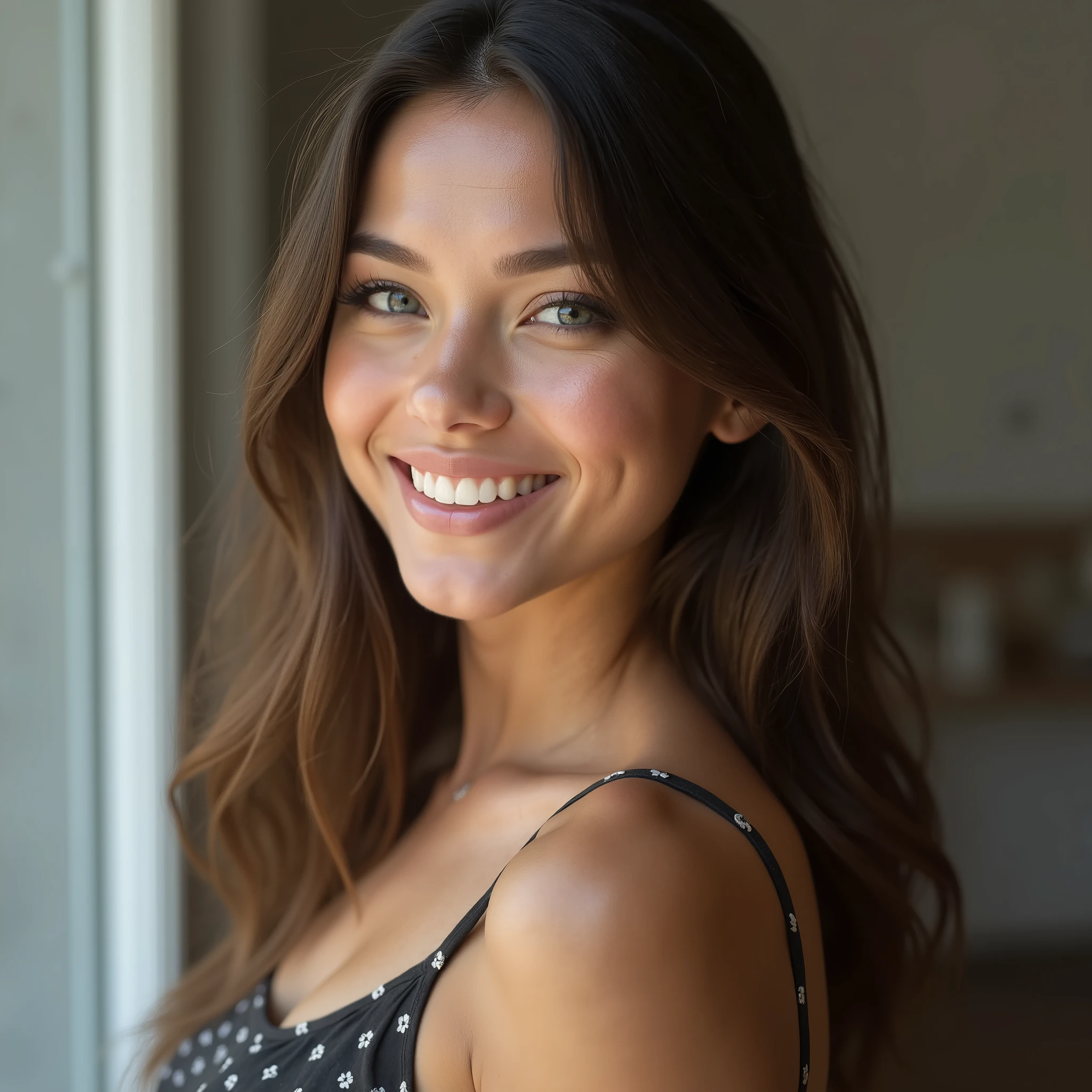 (masterpiece, high quality, high resolution, photorealistic, ultra realistic), shoulders up image, beautiful college student, mixed race, white skin, light blue eyes, perfect thin nose, sensual face, long straight brown hair. She is turned sideways 90 degrees and is looking over her shoulders. She is smiling and her perfect white teeth are showing