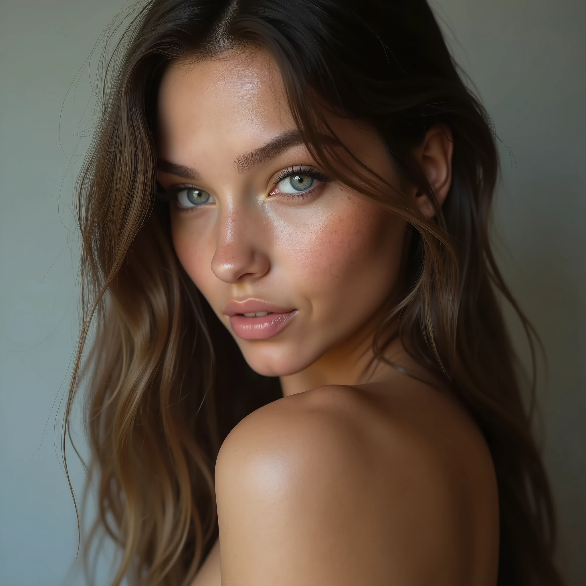 (masterpiece, high quality, high resolution, photorealistic, ultra realistic), shoulders up image, beautiful college student, mixed race, white skin, light blue eyes, perfect thin nose, sensual face, straight and long brown hair, freckles appear below the eyes and neck. She is turned sideways 90 degrees and is looking over her shoulders