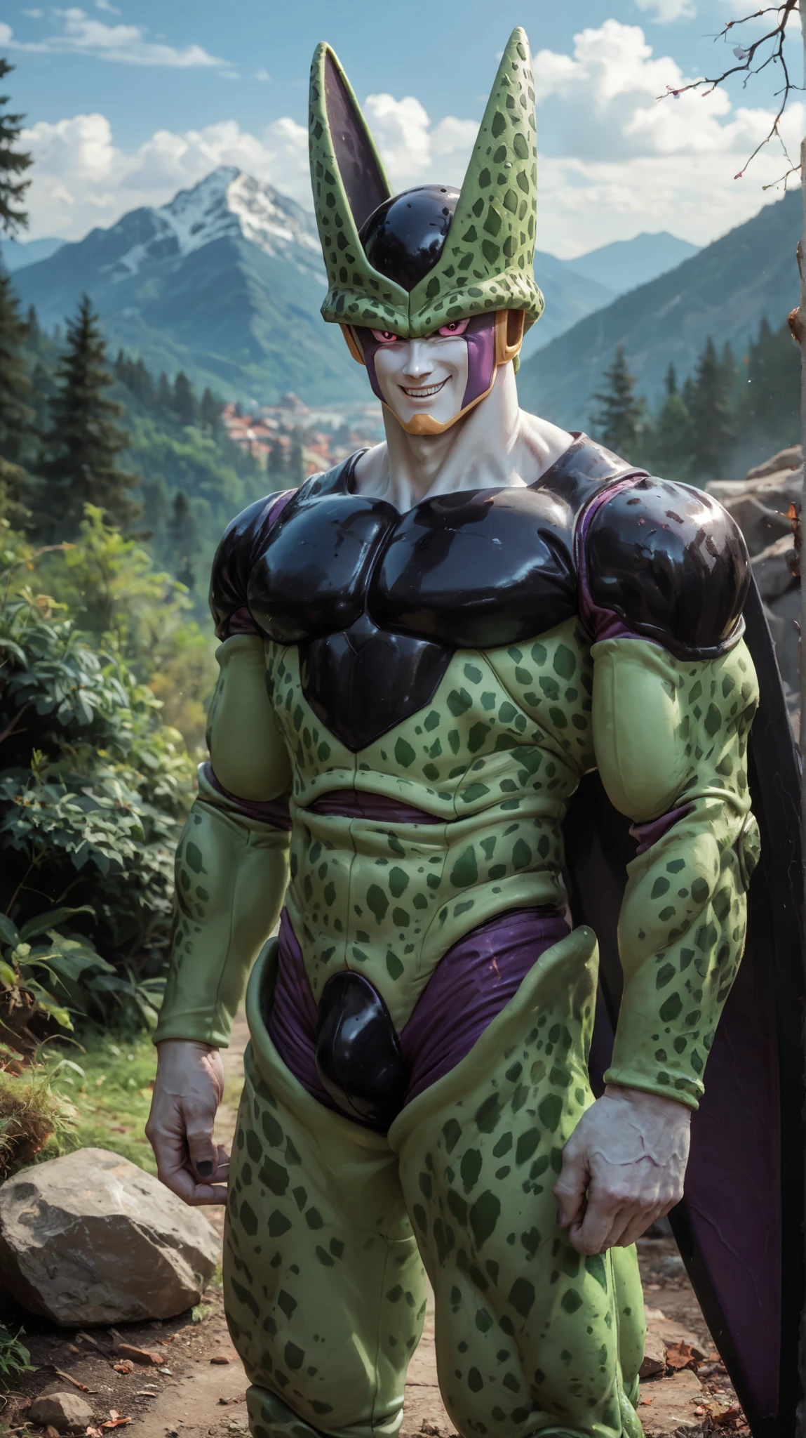 score_9, score_8_up, score_7_up, source_anime, celldb, 1boy, solo, colored skin, white skin, purple markings, green spotted exoskeleton, black plates, wings, pink eyes, purple veins, smile, looking at viewer, BREAK, outdoors, mountains ,trees , cloudy sky