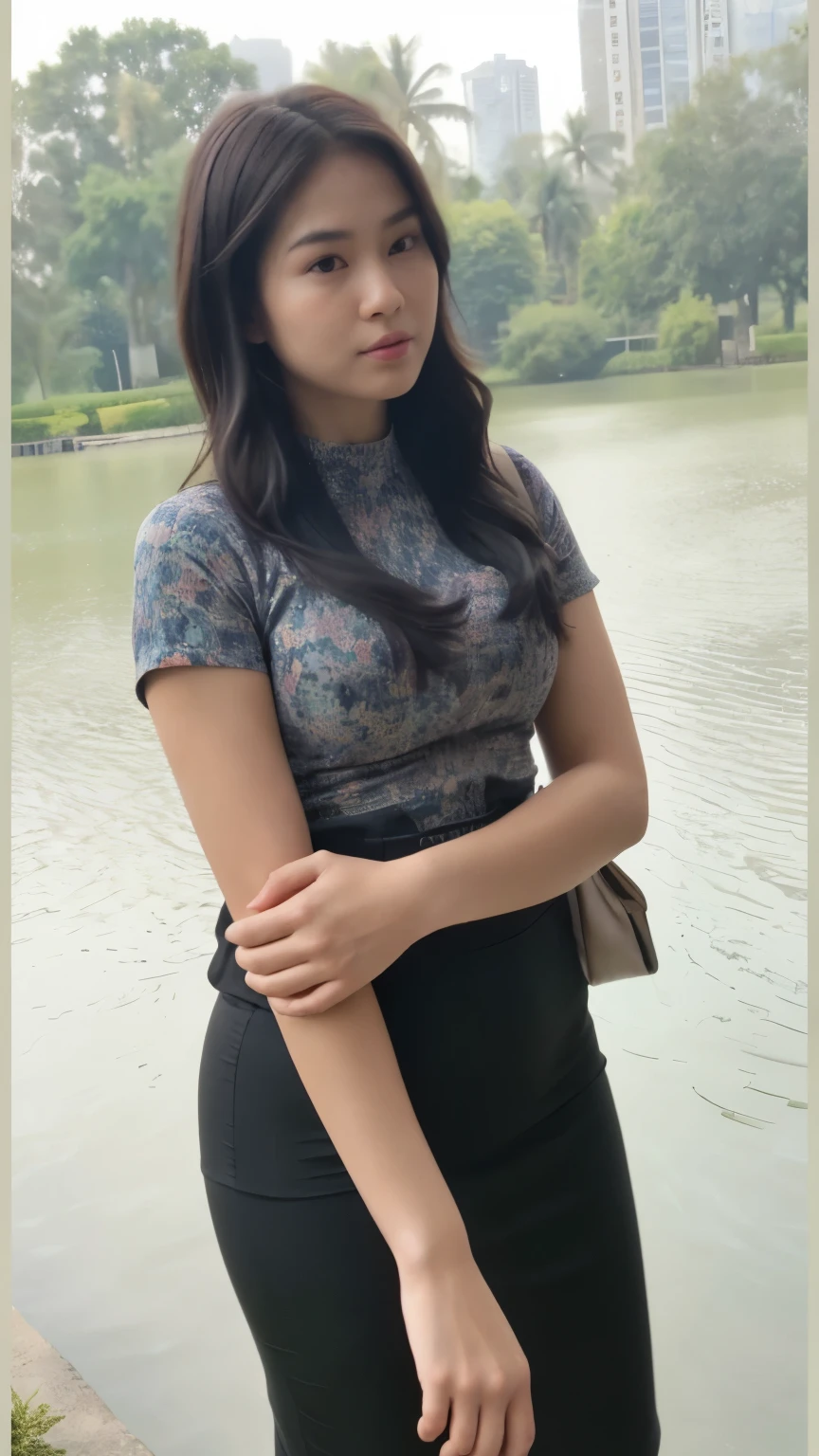 highly detailed illustration, best quality, masterpiece, 1 girl, long hair, v shape face, sunlight, life like texture, acmm ss outfit, wearing acmm top, black acmm top, short sleeves, wea ring acmm long skirt, bright orange acmm long skirt, printed skirt, city background