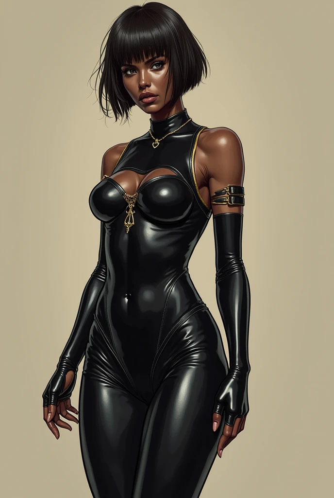 young Halle Berry, sultry, leather, ((chains)), atompunk, brown skin, black short hair