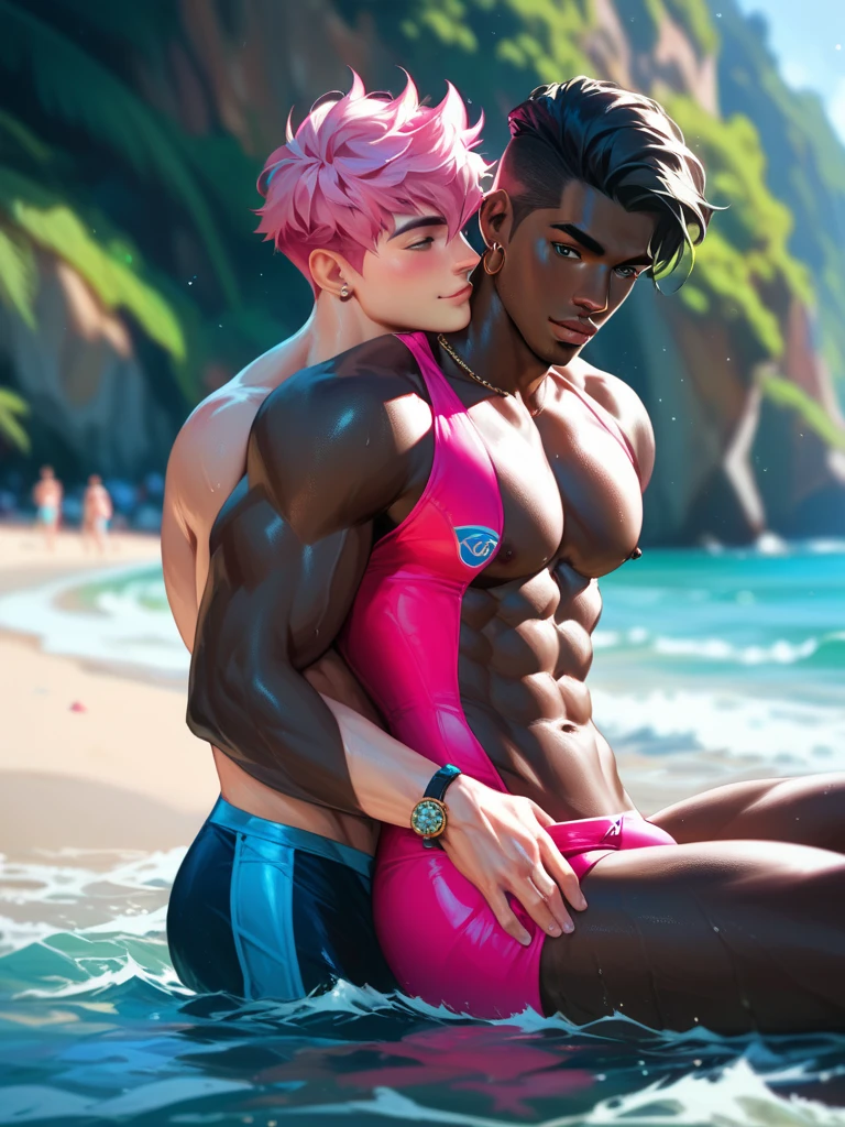 rating_explicit, beautyfull slender woman, tall woman, lilac details, sidecut big lilac hair, long hair, red lipstick, punk woman, adult woman, milf, small breasts, gangbang sex, sucking dick, doggystyle, in beach, detailed