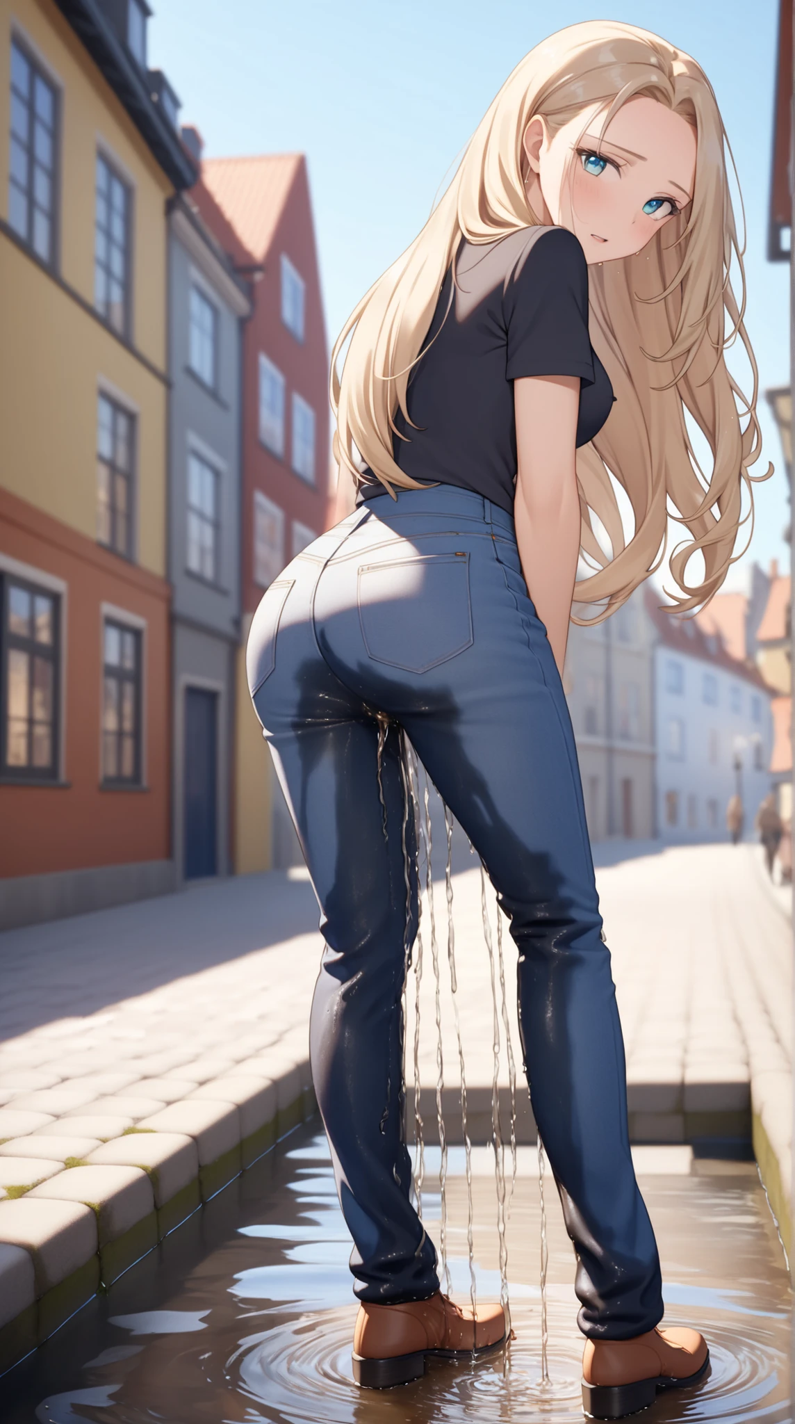 A youthful scandinavian female with dazzling eyes and lovely long hair and forehead with skinny body with round ass and medium breast is (wetting herself:1.5) in desperation. Piss is flowing from her bottoms in a stream down to her ankles and a large wet crotch stain is visible on the back of her jeans. Large wet thigh, knee and calf stain is visible on the back of her jeans. She is wearing blue denim pants with casual outfit and footwear. Looking at viewer from behind. :O. Outdoor setting in february in scandinavia. (Best quality. Masterpiece:1.3. 16K. Detailed. Ultra high resolution). Fashion photography. Full body picture. Highly detailed face and skin texture. Detailed eyes. (Deep focus). Soft natural lighting.