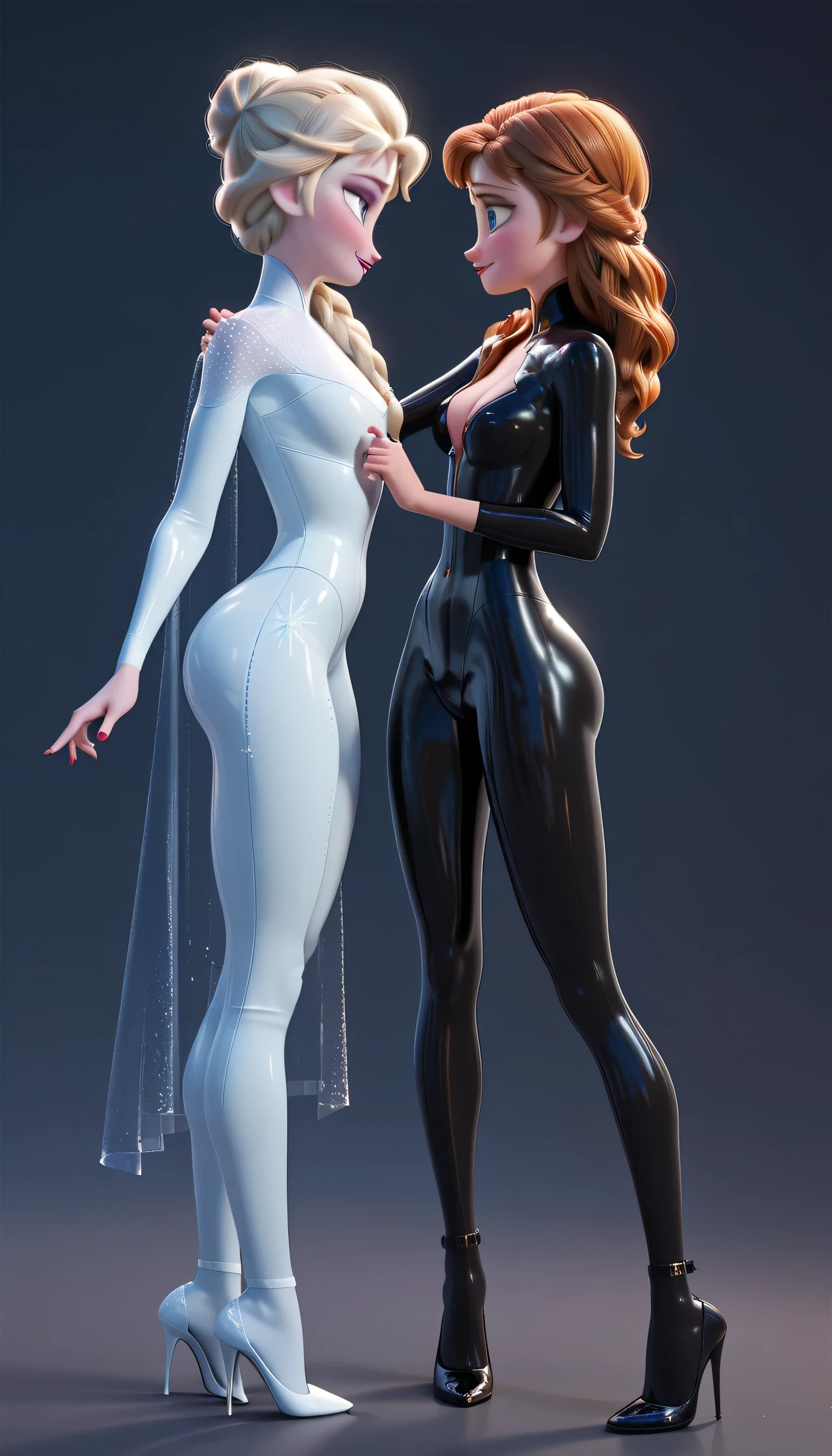 sexy astronaut anna and elsa looking at each other with passion, sexy latex suit with high heels