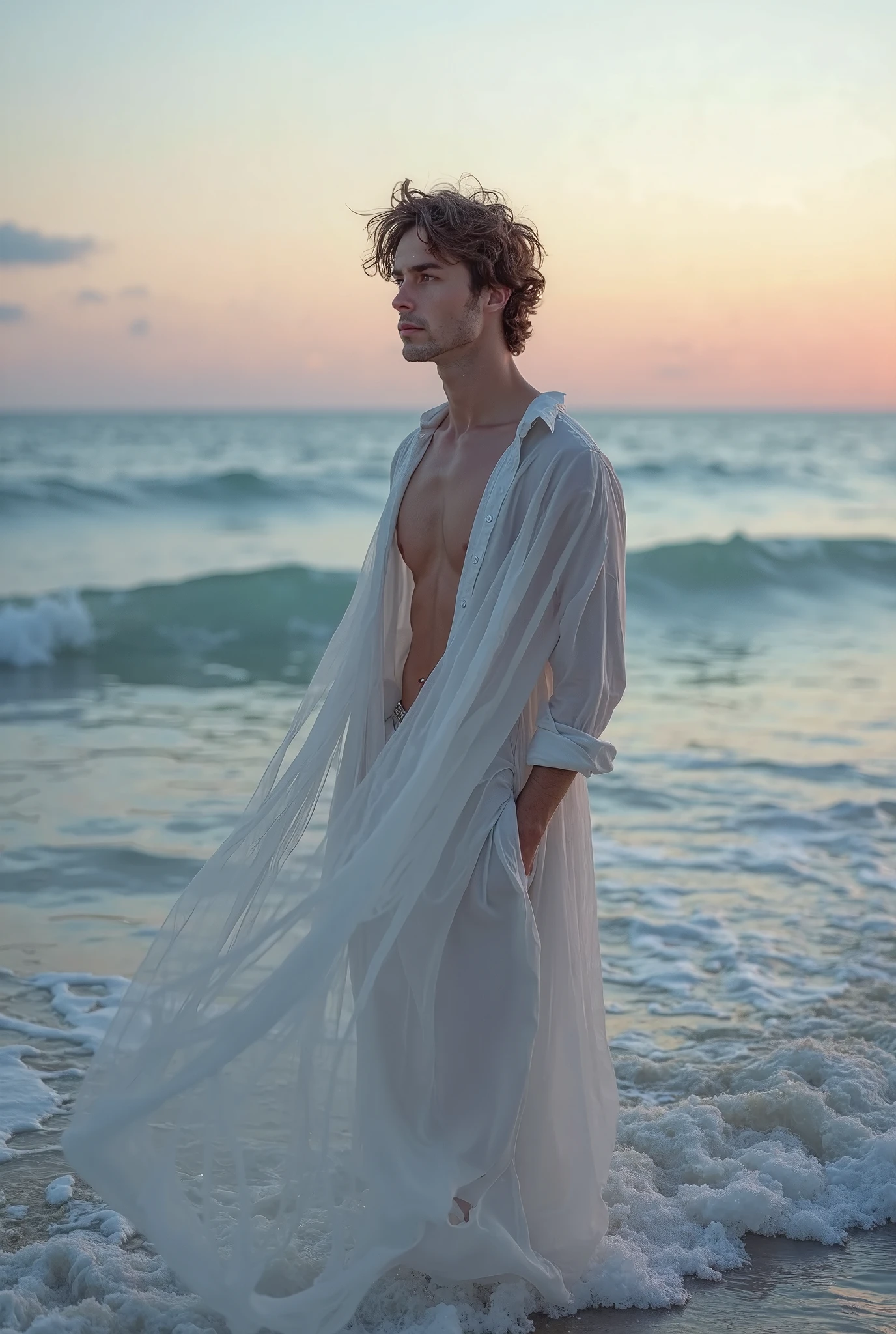 slim white totaly naked male with long dick, ponytail on top of head, on the beach