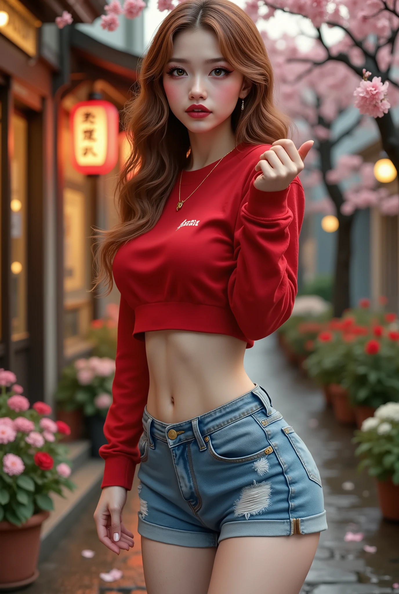  [Style: "masterpiece, realistic, Photorealistic realism, Hyper high resolution" - "(Hyper quality, intricate ultra-detailed digital art)"] (Key Directive: "The priority is the anatomical accuracy and texture of the materials as well as the quality of the eyes") {Character: "20-year-old white female" | Face: "symmetrical, pale skin, full lips, red lipstick: 1.15" | Eyes: "((sharp focus, no blurry eyes, Hyper absurd quality, Hyper details, {Hyper realistic brown eyes:1.4})) ((extra narrow eyebrows)) (Carefully draw Long blue_mascara:1.23) (perfect round eyes)" | Hair: "waist-length red curly (setting light reflections: 0.5)" | Pose: "dynamic side position" - "hand is stretched out towards the viewer (inviting hand gesture)" Outfit: [Top: "red long-sleeved sweater (a bold, feminine, elaborately detailed: 0.75)"] [Bottom: "short denim shorts ((tight, smooth))"] Environment: "garden street at sunset (((rain-slick cobblestones), colorful flowers, cherry blossoms))" | Lighting: - "Cinematic clarity and global illumination") Technical Specs: (DOF: "shallow, f/1.8, blurred crowd in background") (Post-Processing: "Specifications: (DPF: "deep, f/1.8, distinct garden in the background") (Post-production: "chromatic aberration: 0.7") (Rendering engine: "Unreal Engine 5 path tracing, 16K texture maps") }