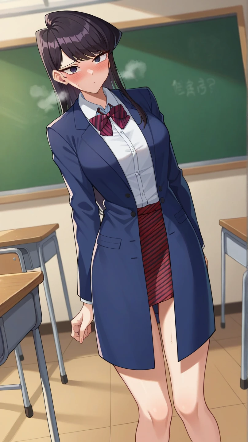 ((Tabletop, highest quality, High resolution, , Pixel perfect, 4K,))), 1 female teacher, single, alone, beauty、The whole body is visible、 ((Mid-wave hair, bangs, Brown Hair)), ((Brown eyes, Beautiful eyelashes, Realistic eyes)), ((Detailed face, Blushing:1.2)), ((Smooth texture:0.75, Realistic texture:0.65, Realistic:1.1, Anime CG Style)), Mid-chest, Dynamic Angle, Perfect body, (( , , Braless female doctor in a white coat、、, 、))、、Very embarrassing panic smile, 、Black flared skirt、classroom、Sit on a chair、、、(Showing off her white and pink floral lace panties、Spread your legs)、Angle from below)、