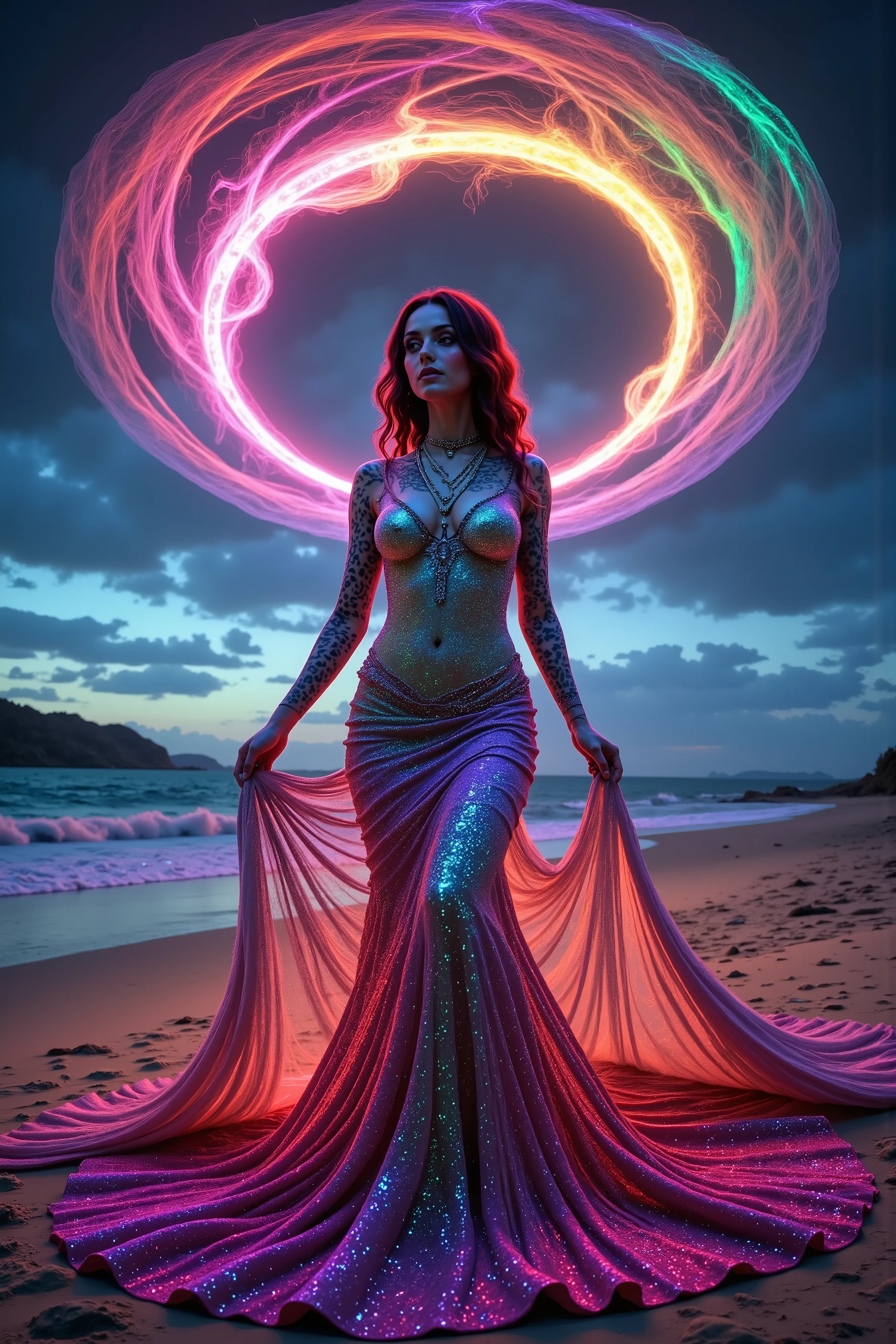 A very large spiral of multicolored light and energy comes swirling down with motion lines, sparkle, and smooth curving symmetry. From the very top of the screen to the very bottom, it twists itself around a beautiful Caucasian brunette woman wearing a mermaid style dress that comes down and opens up on the ground into a large circle around her feet. The glowing neon spiral weaves itself around her body and arms and pours out onto the ground in psychedelic patterns of light and color that contrast the colors and design of the beautiful dress which has intricate designs that have a natural feel and smooth symmetry that are aesthetically awesome. Light up the woman and dress with bright cinematic lighting, 4D mandelbulb psychedelics, glass-like underwater brightness, glossy trails of color and light, super bright fluorescent and hot neon colors, visually disorienting, hallucination inducing, optically stimulating, startling, stunning images, awe-inspiringly, best quality images and dress designs, ethereal, dream-like images, portrait photography, surrealism, photo-realistic, ultra-realistic hyper detailed, sparkle, psychedelic glowing light, reflecting light, overexposure, god rays, backlighting, depth of field, rotational symmetry, UHD, high details, high quality, super detailed, best quality, award winning, Masterpiece. The spiral and the dress reflect light everywhere, and they are infused with glow in the dark cyberpunk paint. Super bright, super saturated neon and fluorescent Colors.** Incorporate bright neon green, neon pink, neon orange, neon blue, neon purple, neon yellow, & blood red** Extremely bright glow and shine that sparkles and reflects!!! Give this image more light!!