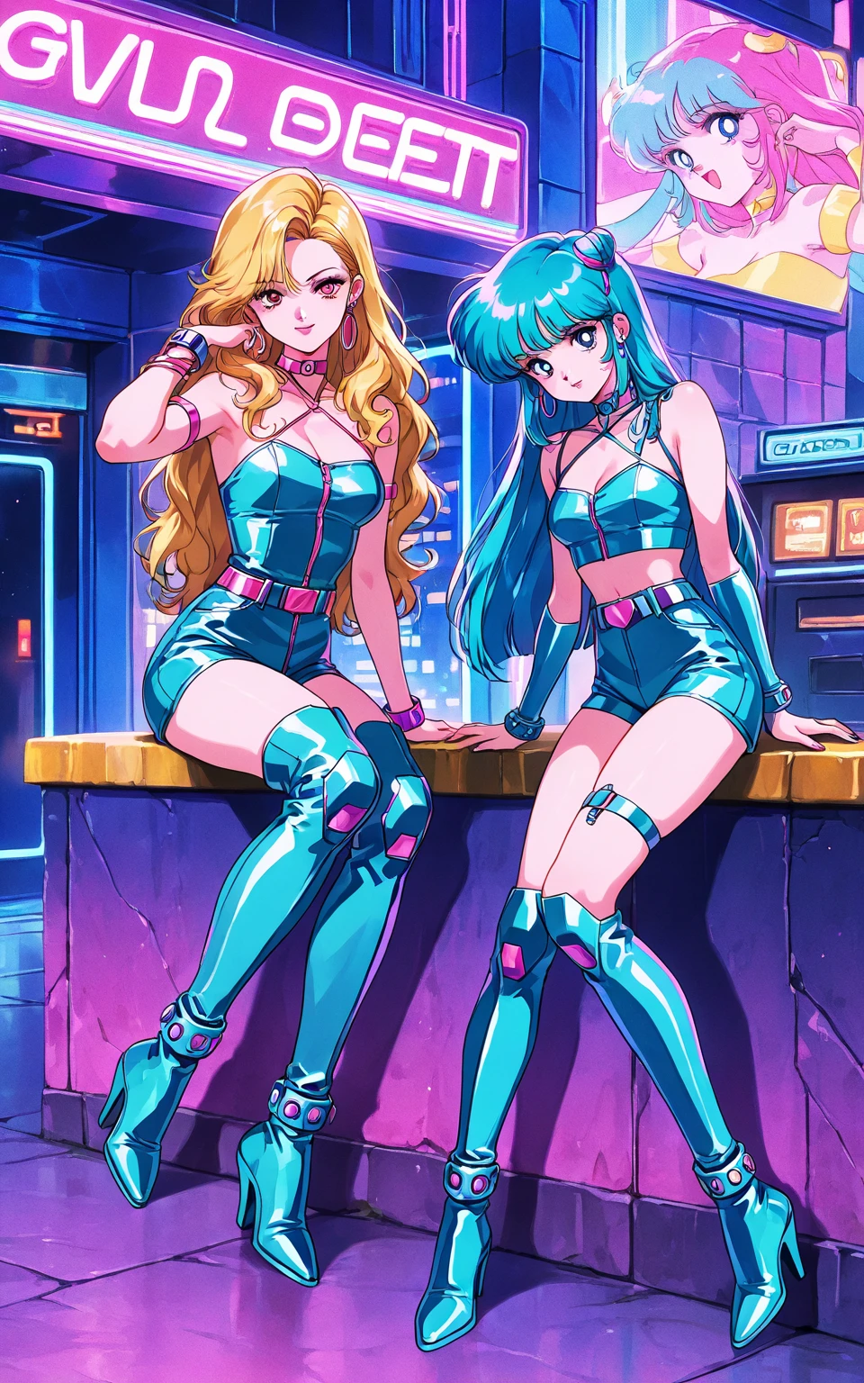 (best quality, masterpiece), 2girls, hologram, cyberpunk, neon, fog, (cartoon: 1.5), thong, tight, small, neon signs, ramen shop, fishnet stockings very low, transparent, very long hair, on piece suit, latex