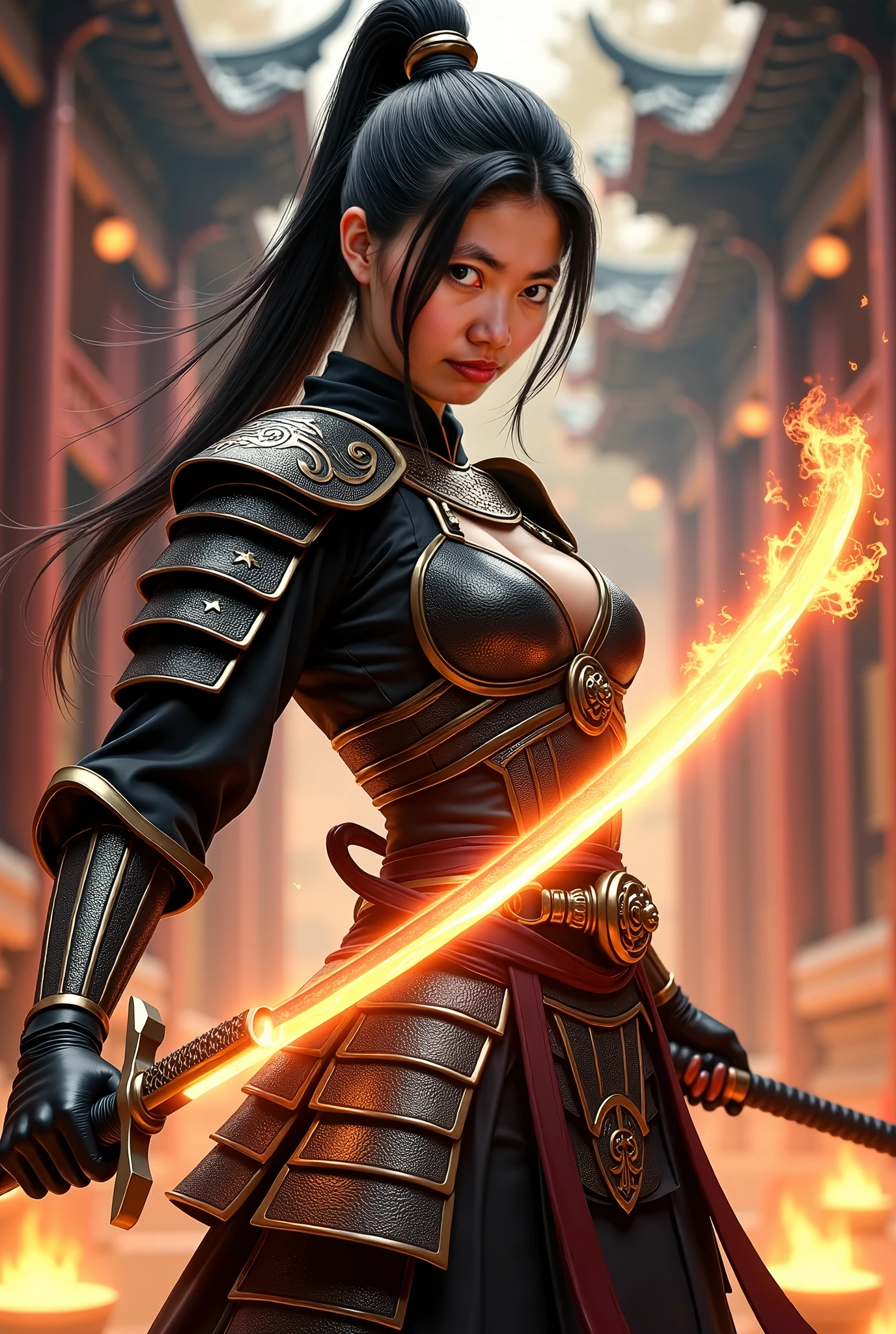 Samurai woman inspired on blockchain technology and videogames with a very big sword bigger than her like on Bleach movie and gueisha costumes, hollow enemies surrounding her, high tech futuristic mysterious atmosphere, deep dark blue and golden yellow, 4D, 8K, surrealism photorealistic, dreamlike, big and complex composition storytelling, masterpiece, artwork by Bernie Wrightson, artwork by Jeremy Mann, Impressionism
