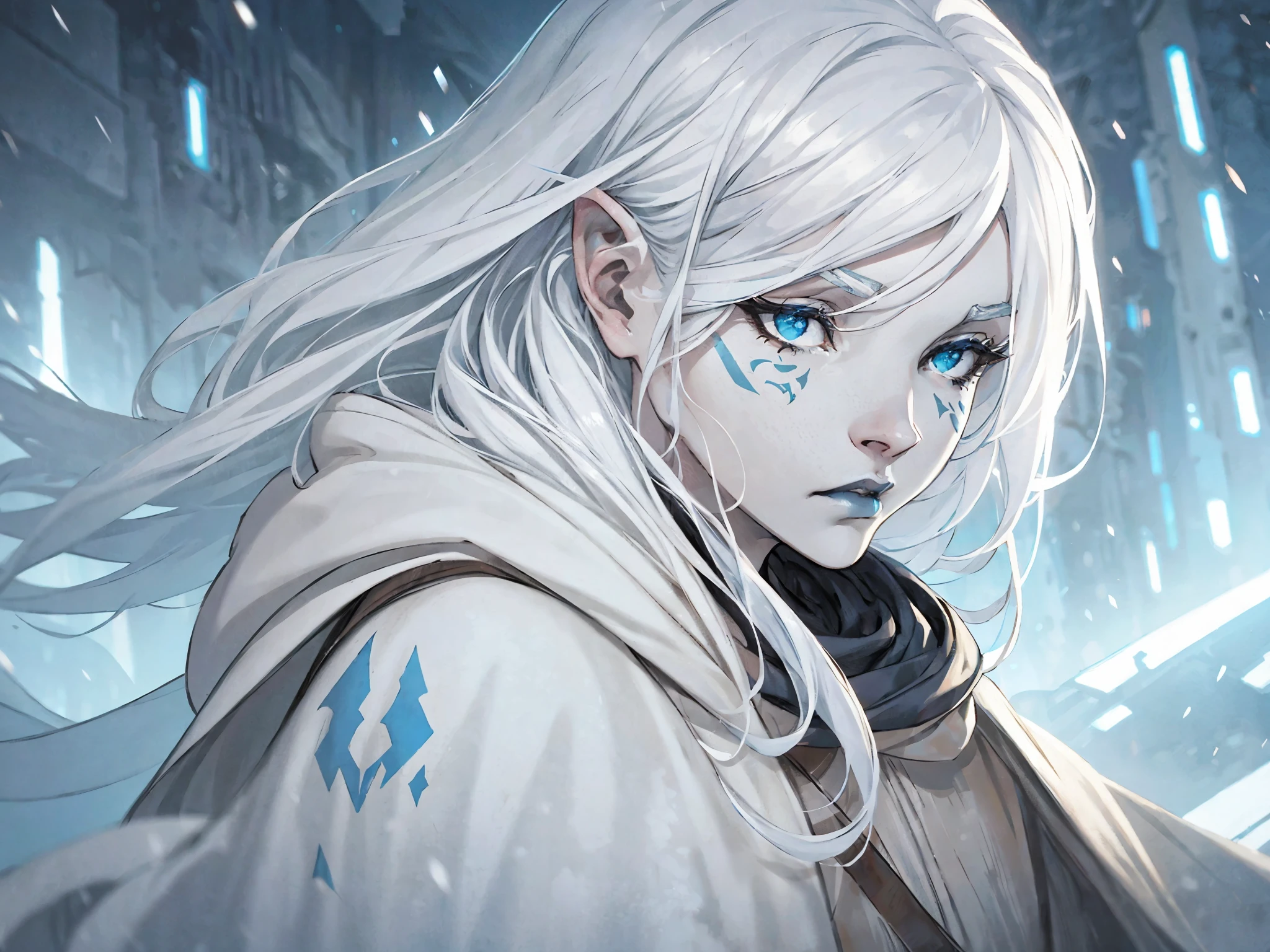 star wars, jarael, alabaster skin, white hair, blue lips, walking in a snowstorm, solo, wearing a loose billowing robe with a hood, hood up, cold frozen tundra, facial tattoos, soft expression, parted lips