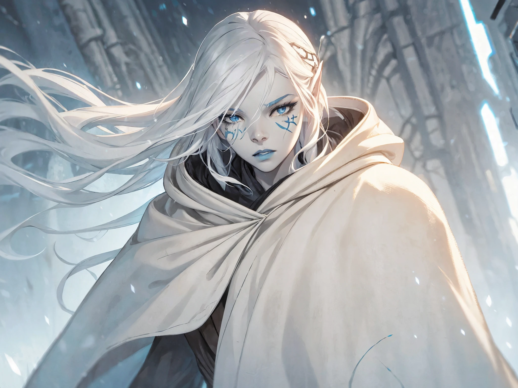 star wars, jarael, alabaster skin, white hair, blue lips, walking in a snowstorm, solo, wearing a loose billowing robe with a hood, hood up, cold frozen tundra, facial tattoos, soft expression, parted lips