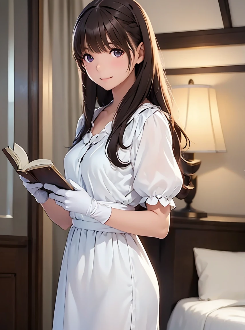 Only one female,G-Cup, A light smile, Delicate illustrations, super detailed, Meeting Dress neatly White blouse Black Hair