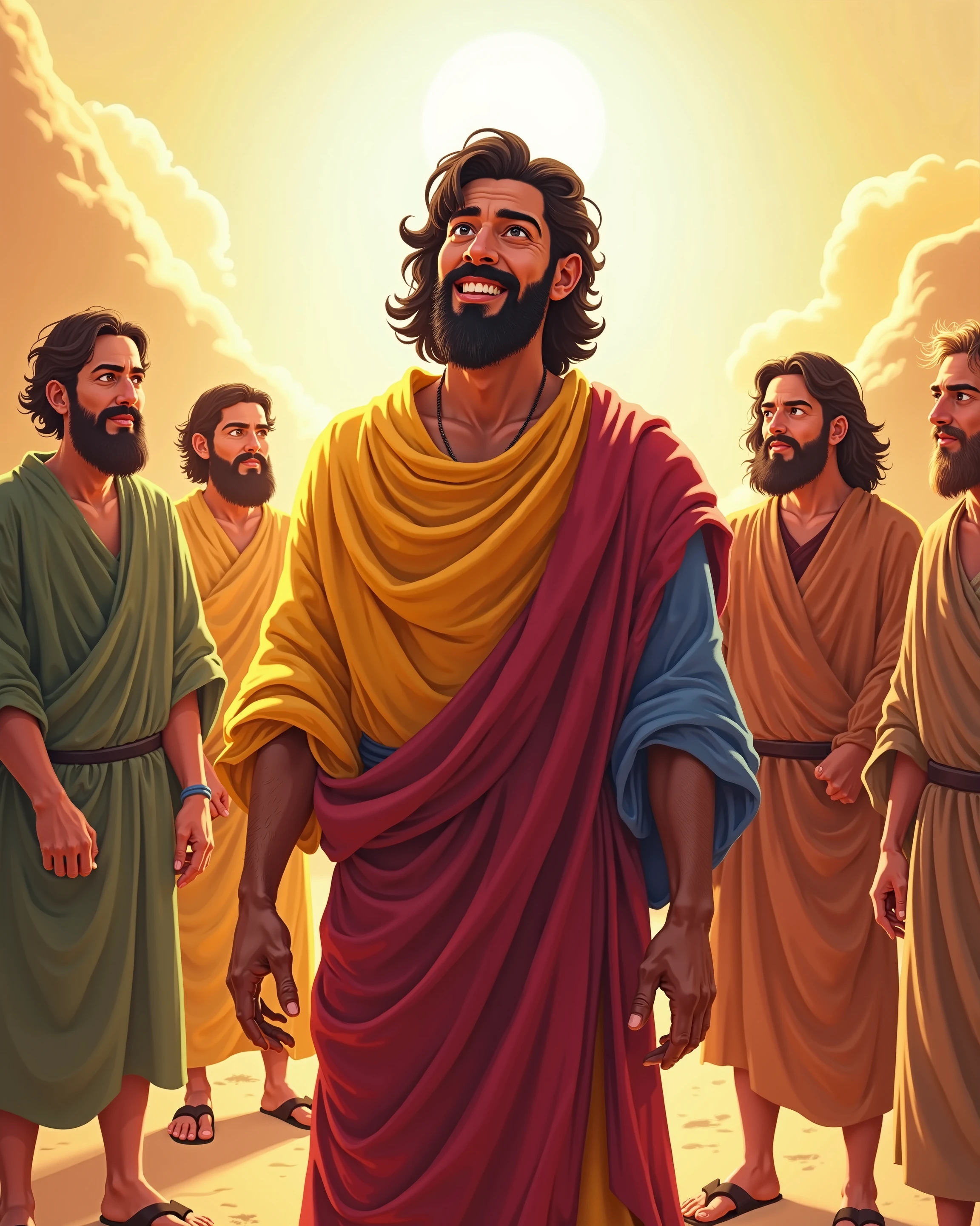 "The villagers, now gathered around Ram on the hill, realize there is no tiger. They are standing with their tools lowered, looking angry and frustrated. Ram is laughing, pointing towards the empty field. Some villagers are scolding him, while others are shaking their heads in disbelief. The atmosphere is tense, with a mix of disappointment and anger."
The Second False Alarm:
