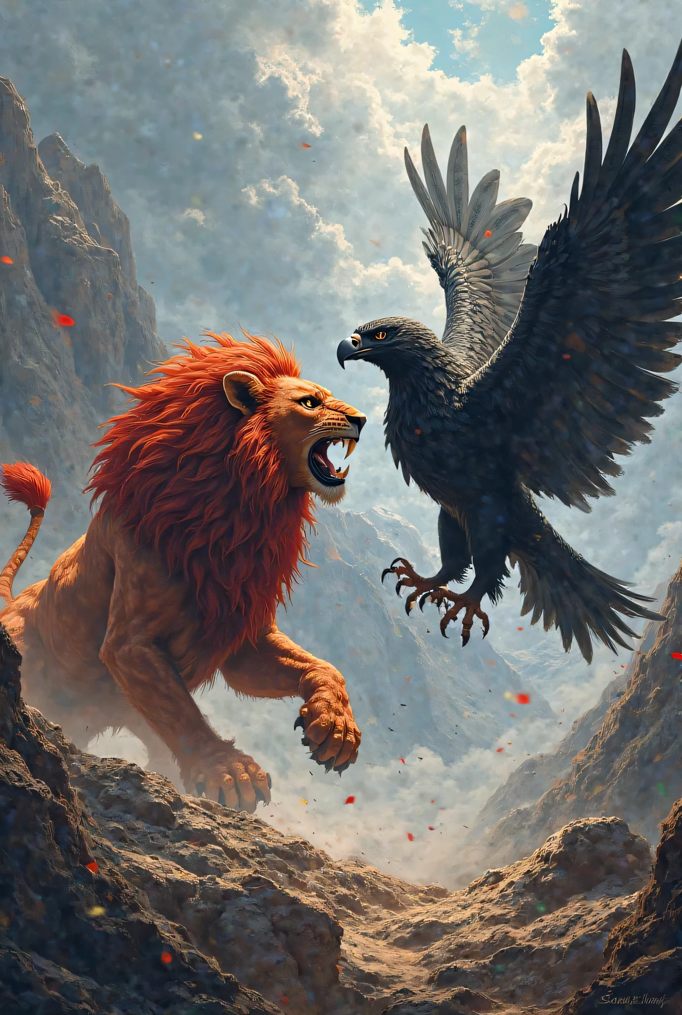 An angry roaring lion next to a realistic phoenix and with an intense yellow background with fire