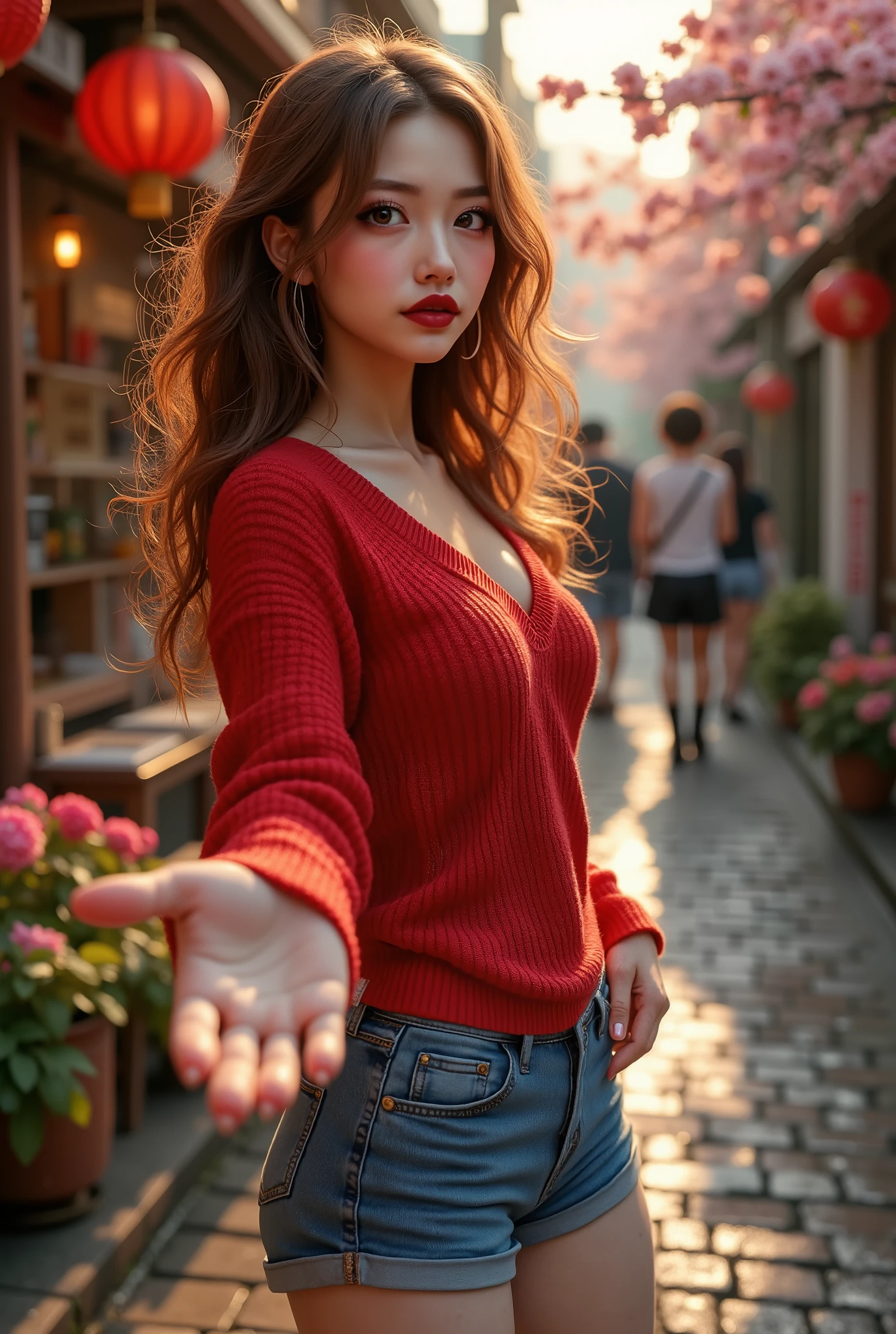  [Style: "masterpiece, realistic, Photorealistic realism, Hyper high resolution" - "(Hyper quality, intricate ultra-detailed digital art)"] (Key Directive: "The priority is the anatomical accuracy and texture of the materials as well as the quality of the eyes") {Character: "20-year-old white female" | Face: "symmetrical, pale skin, full lips, red lipstick: 1.15" | Eyes: "((sharp focus, no blurry eyes, Hyper absurd quality, Hyper details, {Hyper realistic brown eyes:1.4})) ((extra narrow eyebrows)) (Carefully draw Long blue_mascara:1.23) (perfect round eyes)" | Hair: "waist-length red curly (setting light reflections: 0.5)" | Pose: "dynamic side position" - "hand is stretched out towards the viewer (inviting hand gesture)" Outfit: [Top: "red long-sleeved sweater (a bold, feminine, elaborately detailed: 0.75)"] [Bottom: "short denim shorts ((tight, smooth))"] Environment: "garden street at sunset (((rain-slick cobblestones), colorful flowers, cherry blossoms))" | Lighting: - "Cinematic clarity and global illumination") Technical Specs: (DOF: "shallow, f/1.8, blurred crowd in background") (Post-Processing: "Specifications: (DPF: "deep, f/1.8, distinct garden in the background") (Post-production: "chromatic aberration: 0.7") (Rendering engine: "Unreal Engine 5 path tracing, 16K texture maps") }
