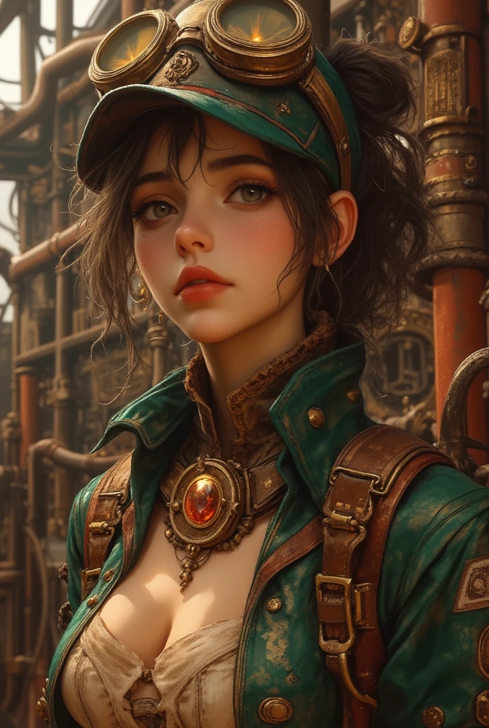 (best quality,realistic:1.2) (illustration style,realist:1.1), (detailed:1.1) and (photorealistic:1.37) portrait of a (female persona) with (green dark eyes) and (dark red and short hair). She has a (serious) expression and is wearing (traditional steampunk clothes). Her character is depicted with (small breasts).