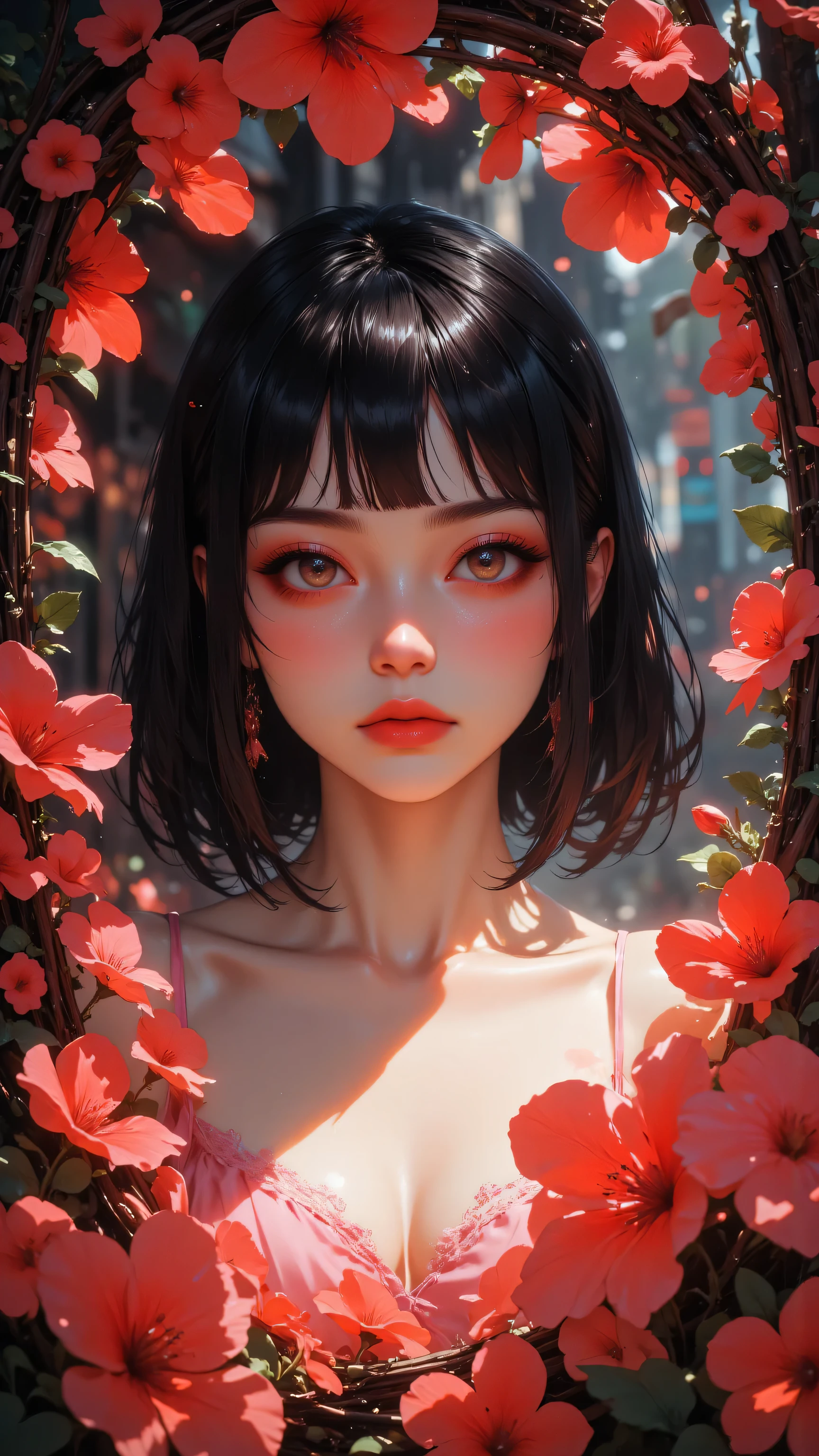 8k, masterpiece, highest quality, woman, short black hair, bangs, pale skin, red lipstick, pink camisole, framed by vibrant red flowers, floral archway, blurred background, soft lighting, delicate features, romantic atmosphere, ethereal, dreamy, photorealistic, high detail, bokeh effect