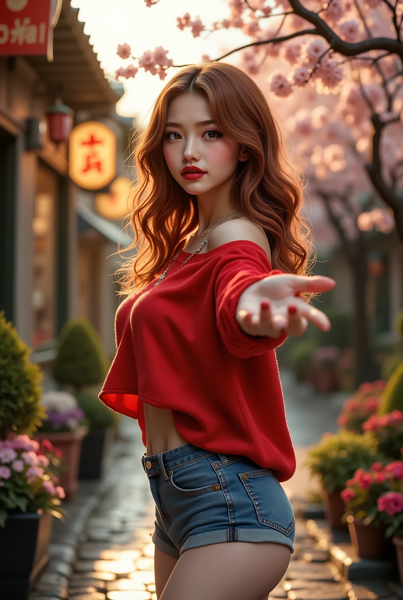  [Style: "masterpiece, realistic, Photorealistic realism, Hyper high resolution" - "(Hyper quality, intricate ultra-detailed digital art)"] (Key Directive: "The priority is the anatomical accuracy and texture of the materials as well as the quality of the eyes") {Character: "20-year-old white female" | Face: "symmetrical, pale skin, full lips, red lipstick: 1.15" | Eyes: "((sharp focus, no blurry eyes, Hyper absurd quality, Hyper details, {Hyper realistic brown eyes:1.4})) ((extra narrow eyebrows)) (Carefully draw Long blue_mascara:1.23) (perfect round eyes)" | Hair: "waist-length red curly (setting light reflections: 0.5)" | Pose: "dynamic side position" - "hand is stretched out towards the viewer (inviting hand gesture)" Outfit: [Top: "red long-sleeved sweater (a bold, feminine, elaborately detailed: 0.75)"] [Bottom: "short denim shorts ((tight, smooth))"] Environment: "garden street at sunset (((rain-slick cobblestones), colorful flowers, cherry blossoms))" | Lighting: - "Cinematic clarity and global illumination") Technical Specs: (DOF: "shallow, f/1.8, blurred crowd in background") (Post-Processing: "Specifications: (DPF: "deep, f/1.8, distinct garden in the background") (Post-production: "chromatic aberration: 0.7") (Rendering engine: "Unreal Engine 5 path tracing, 16K texture maps") }