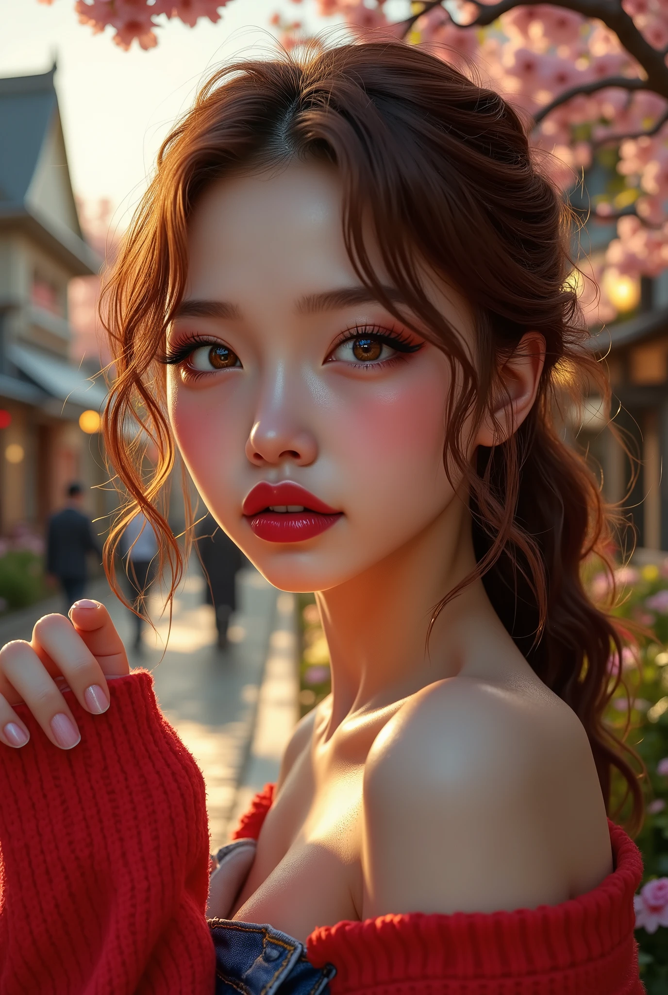  [Style: "masterpiece, realistic, Photorealistic realism, Hyper high resolution" - "(Hyper quality, intricate ultra-detailed digital art)"] (Key Directive: "The priority is the anatomical accuracy and texture of the materials as well as the quality of the eyes") {Character: "20-year-old white female" | Face: "symmetrical, pale skin, full lips, red lipstick: 1.15" | Eyes: "((sharp focus, no blurry eyes, Hyper absurd quality, Hyper details, {Hyper realistic brown eyes:1.4})) ((extra narrow eyebrows)) (Carefully draw Long blue_mascara:1.23) (perfect round eyes)" | Hair: "waist-length red curly (setting light reflections: 0.5)" | Pose: "dynamic side position" - "hand is stretched out towards the viewer (inviting hand gesture)" Outfit: [Top: "red long-sleeved sweater (a bold, feminine, elaborately detailed: 0.75)"] [Bottom: "short denim shorts ((tight, smooth))"] Environment: "garden street at sunset (((rain-slick cobblestones), colorful flowers, cherry blossoms))" | Lighting: - "Cinematic clarity and global illumination") Technical Specs: (DOF: "shallow, f/1.8, blurred crowd in background") (Post-Processing: "Specifications: (DPF: "deep, f/1.8, distinct garden in the background") (Post-production: "chromatic aberration: 0.7") (Rendering engine: "Unreal Engine 5 path tracing, 16K texture maps") }
