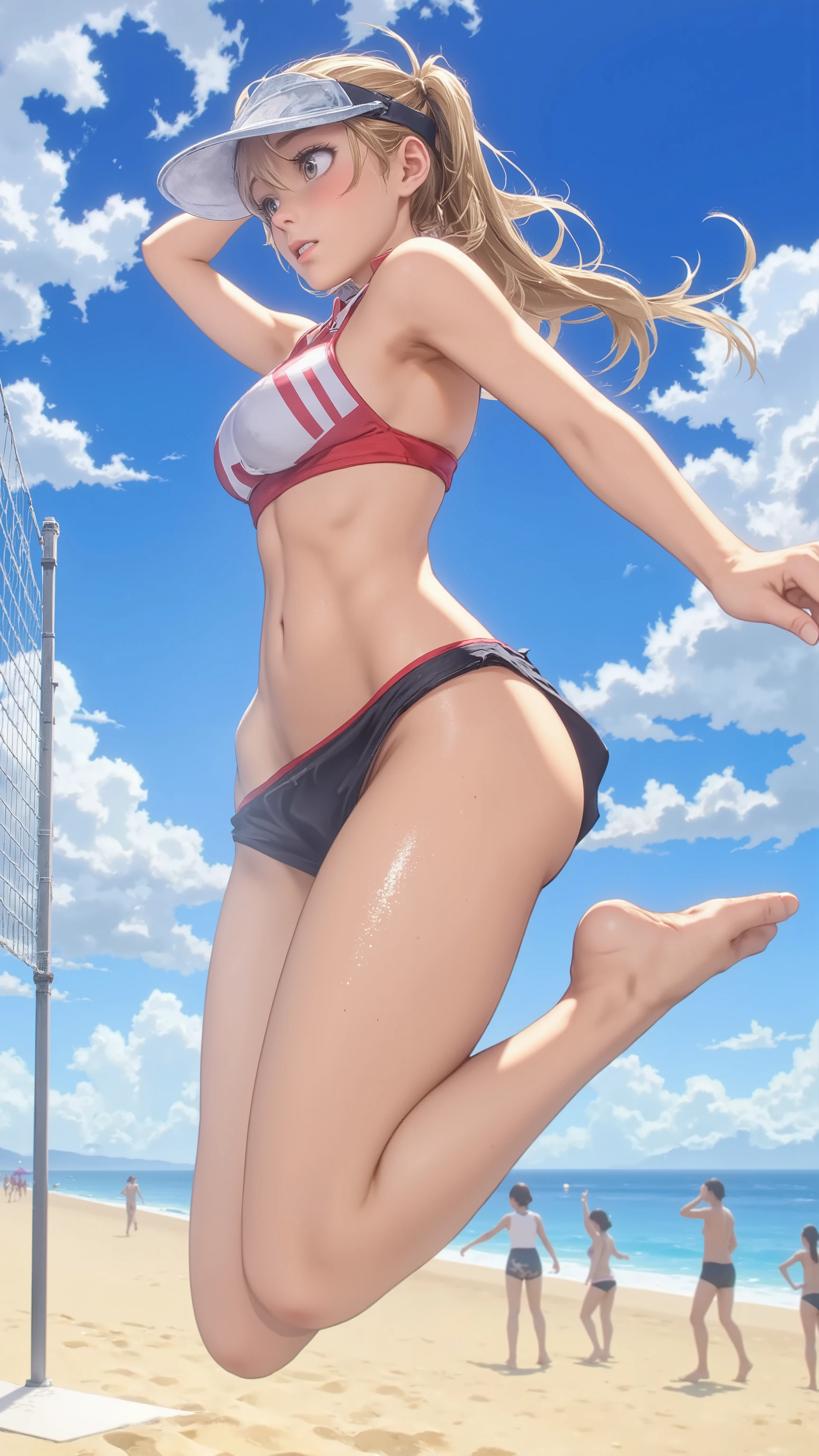 (masterpiece:1.2, best quality, amazing quality, very aesthetic, high resolution, ultra-detailed, absurdres:1.3, delicate facial features:1.3, newest, highly detailed, high quality, Intricate:1.4, dynamic angle, dynamic action), BREAK, (((Beach Volleyball))), (1woman\jumping:1.3\Toned\tan lines\Athletic\Tanned and white skin\sweat\:d\ponytail\stripe bikini\sunglasses\Visor), BREAK, BREAK, (full body:1.3) BREAK, (Intricate:1.5, at the beach, Beach volleyball net, sun:1.3, sunny:1.4, from below:1.3, depth of field:1.1), , Anime screencap