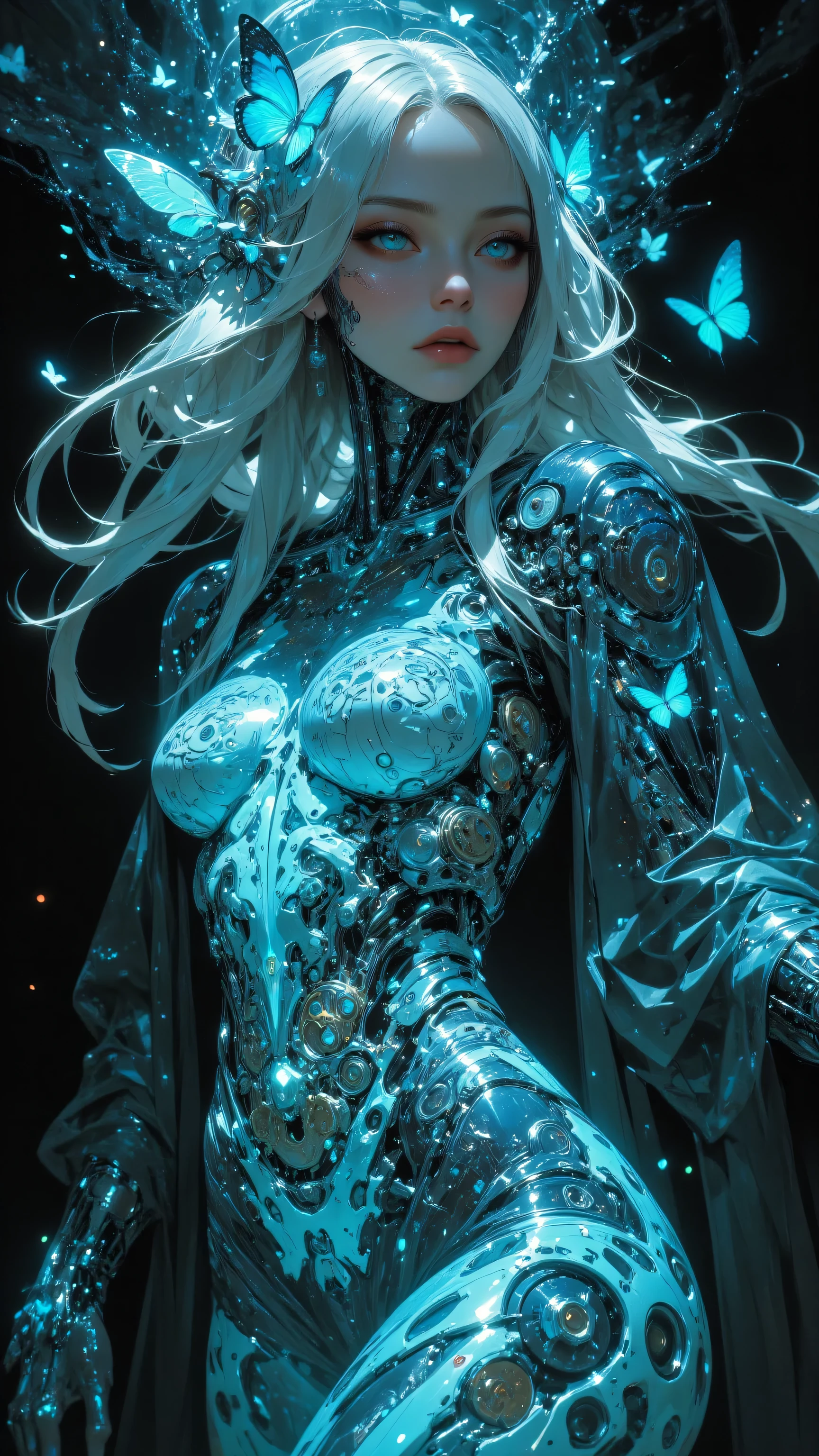 8k, masterpiece, highest quality, A breathtaking image of a stunning cyberpunk-inspired cyborg with a translucent glowing glass body, showing the intricate clockwork mechanisms parts inside her body and intertwined blue butterflies. The female cyborg's aqua eyes capture the viewer's attention, while her flowing hair and soft hips exude an air of elegance. The intricate futuristic city serves as a backdrop, blurred background to emphasize the focus on the subject, reflecting the azure glow emanating from the cyborg's body. Ultra-realistic hyper-detailed face and fluid movement create a sense of depth and realism. The image is a mesmerizing blend of fashion photography, 3D rendering, and portrait photography, capturing the beauty, the intricate mechanical body and complexity of this captivating character.