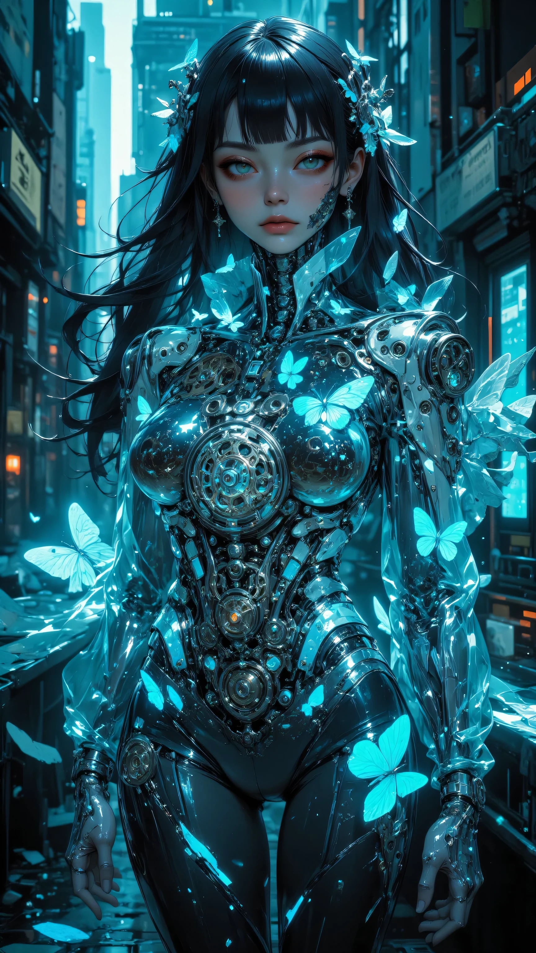 8k, masterpiece, highest quality, A breathtaking image of a stunning cyberpunk-inspired cyborg with a translucent glowing glass body, showing the intricate clockwork mechanisms parts inside her body and intertwined blue butterflies. The female cyborg's aqua eyes capture the viewer's attention, while her flowing hair and soft hips exude an air of elegance. The intricate futuristic city serves as a backdrop, blurred background to emphasize the focus on the subject, reflecting the azure glow emanating from the cyborg's body. Ultra-realistic hyper-detailed face and fluid movement create a sense of depth and realism. The image is a mesmerizing blend of fashion photography, 3D rendering, and portrait photography, capturing the beauty, the intricate mechanical body and complexity of this captivating character.