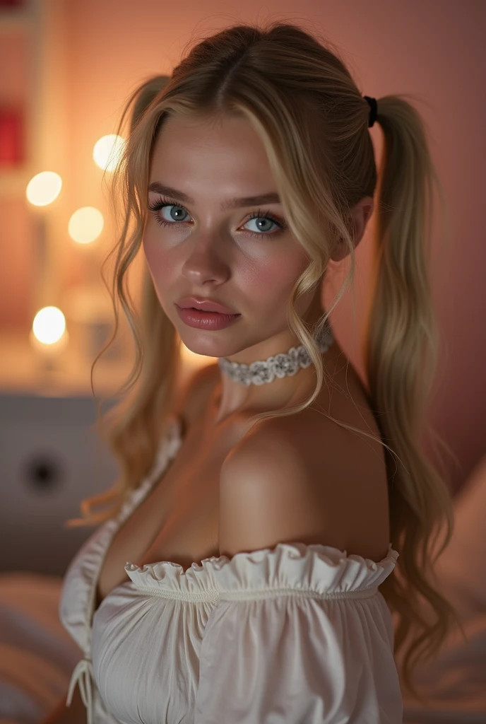 A romantic winter city photoshoot featuring a blonde girl with mesmerizing blue eyes, surrounded by vintage-inspired Christmas decor on a city rooftop, the soft glow of fairy lights casting a warm ambiance, creating an enchanting blend of urban sophistication and seasonal comfort, Photography, Sony A6400, 35mm f/1.8 lens