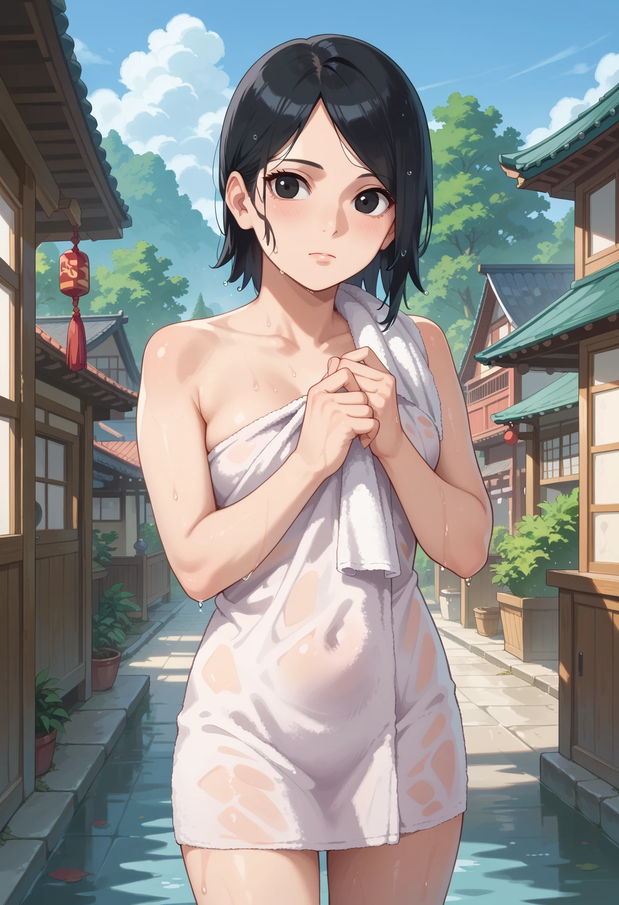 amamitsuki, nsfw, masterpiece, medium hair, 1 girl, erect nipples, intricately detailed, topless, navel, bare shoulders, necklace, erect nipples, puffy nipples, black hair, dolphin shorts, raining, bus stop, shed, mountain, outdoors, flowers, wet, wet body, Blue sky, extremely detailed, cg masterpiece, bare breasts, nipples, blue eyes, bare stomach, side swept bangs, sweaty, small breasts, arm strap, pale skin, smiling, flat colored, side bangs, woodblock painting style, huge nipples, laughing