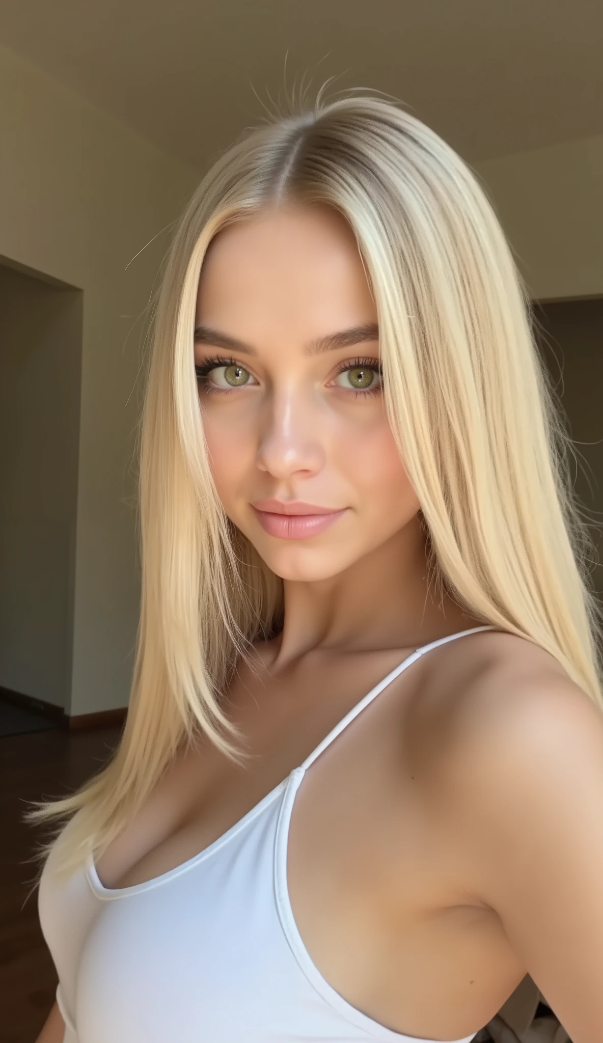 TikTok girl, iPhone photo, 20 year old blonde woman, (((green eyes:1.4))),((big breasts:1.4)),Hot, ((hyperrealism)), height: 1.75. (((Straight platinum blonde hair))), (((sexy slim body))), (extra long hair), very long hair, (minimalist girl illuminated by natural light),((small piercing below the nose:1.2)), 8k, high quality, "Portrait of a young model with radiant skin and silky platinum blonde hair, falling softly around her face. Expressive green eyes and a slight enigmatic smile. Natural and warm lighting, highlighting the details of the face. Blurred background in neutral and earthy tones, bringing an air of lightness and naturalness. Soft girl aesthetic mixed with a touch of mystery."