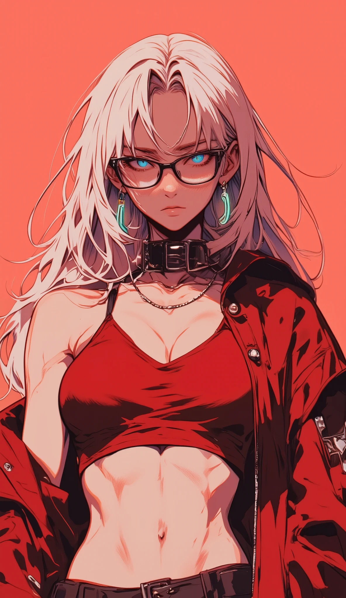 A stylish anime-style Muscular Anime Female white long hair,Glasses,Red Sleeveless Jacket,Short bandeau,Necklace, depreseed expression , wearing glowing earrings. The background is a solid bold peach color, creating a striking contrast. The illustration has a clean, sharp, and minimalistic aesthetic, with high contrast shadows and bold black outlines. Inspired by modern pop-art fashion