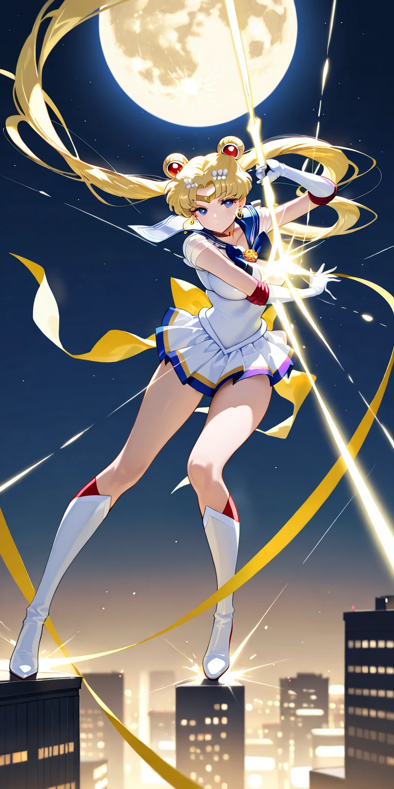 masterpiece,best quality,highly detailed,1girl,solo,blush,digiTransEffect,hologram,holographic body,holographic legs,holographic arms,dynamic pose,holographic dress, from below, eternal sailor moon