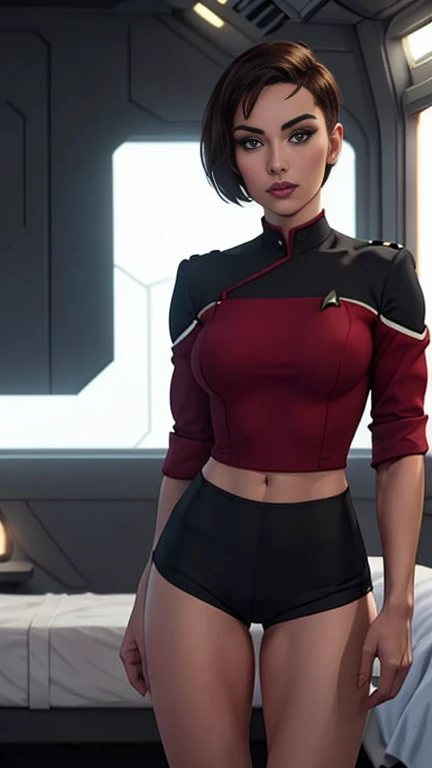 photo of mlp Meowko, RAW, beautiful woman, ((portrait)), ((detailed face:1.2)), ((anime face, anime facial feature, clear skin, glossy anime lips, clear skin), (short lesbian haircut, brunette: 1.55), (perfect proportioned body, Strong, muscular, narrow waist, narrow hips, skinny, large breasts), (she is wearing a red Starfleet uniform, lower decks cosplay, Comand uniform, black straight slacks:1.15), starship background, stars, (realistic photo, best quality, detailed), (8k wallpaper), (bright cinematic lighting, lens flares, beautiful light, (dark:1.3)) (sharp focus, intricate)