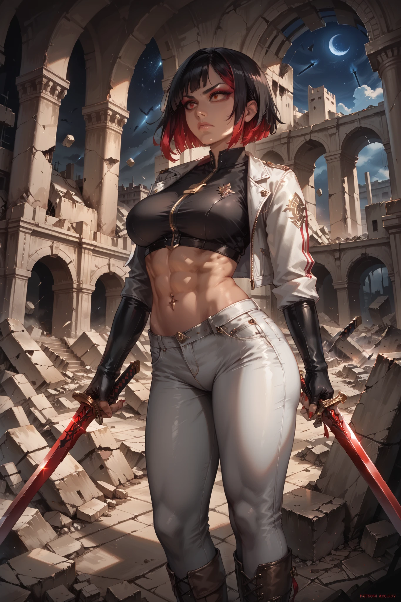 (score_9, score_8_up, score_7_up, masterpiece, best quality, 8k, hyper-detailed, photorealistic, dramatic lighting, cinematic lighting, 1girl, dark skin, french bob haircut, black hair with inner red highlights, red eyes, big chest, rounded ass, toned abs, wearing white leather mini jacket, black crop top, grey leather pants with keychain hanging, brown straps, heel boots, metal fingerless gloves, belly piercing, makeup with long eyelashes, long polished nails, holding red sword with both hands, surrounded by invisible wires, standing in castle ruins at night, starry sky, mythical dragon silhouette in background, serious expression, serious pose, destruction with broken stone pillars, vibrant red sword glow, Medium Shot (MS))