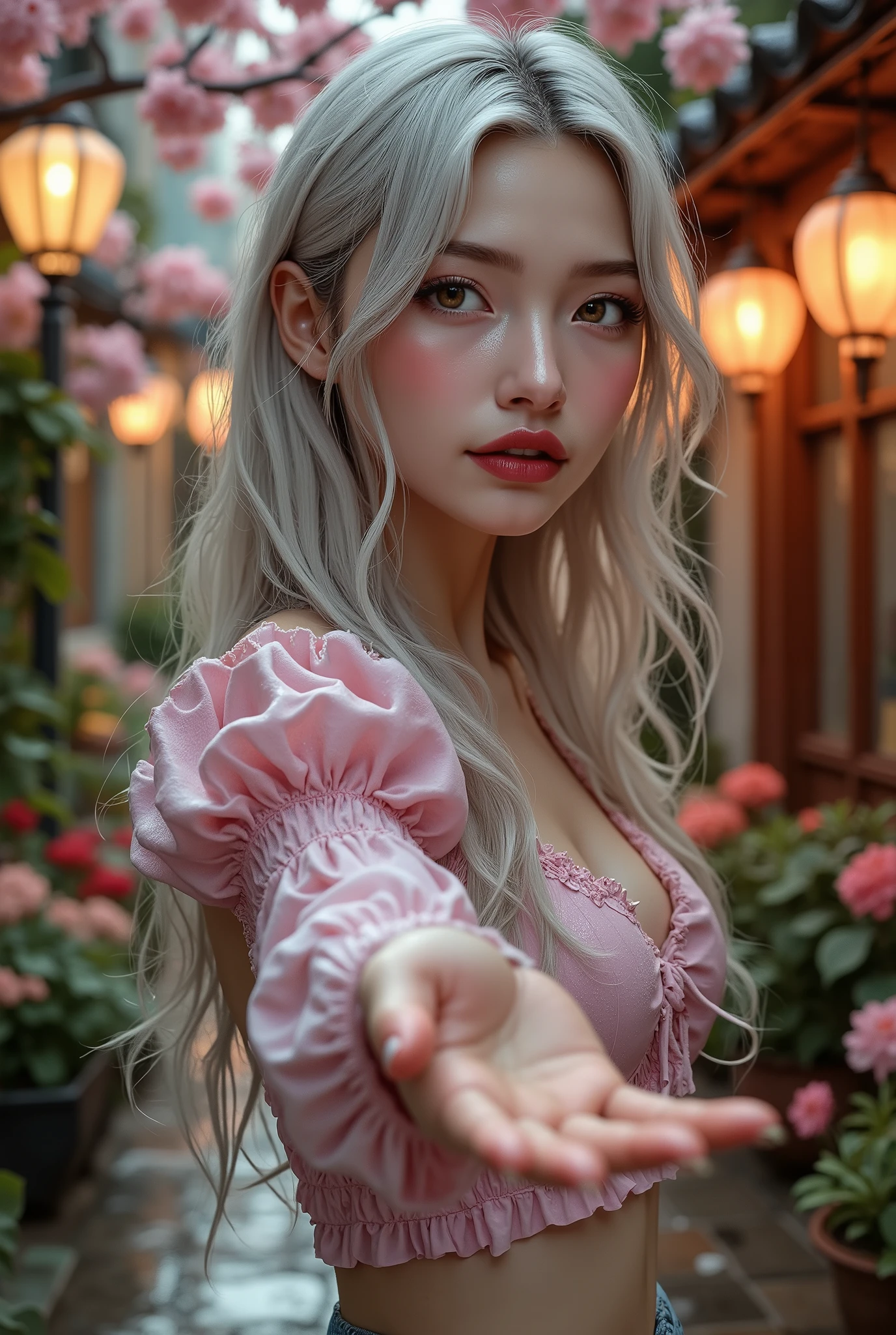  [Style: "masterpiece, realistic, Photorealistic realism, Hyper high resolution" - "(Hyper quality, intricate ultra-detailed digital art)"] (Key Directive: "The priority is the anatomical accuracy and texture of the materials as well as the quality of the eyes") {Character: "20-year-old white female" | Face: "symmetrical, pale skin, full lips, red lipstick: 1.15" | Eyes: "((sharp focus, no blurry eyes, Hyper absurd quality, Hyper details, {Hyper realistic brown eyes:1.4})) ((extra narrow eyebrows)) (Carefully draw Long blue_mascara:1.23) (perfect round eyes)" | Hair: "waist-length white curly (setting light reflections: 0.5)" | Pose: "dynamic side position" - "hand is stretched out towards the viewer (inviting hand gesture)" Outfit: [Top: "pink long sleeve crop top (a bold, feminine, elaborately detailed: 0.7)"] [Bottom: "short denim shorts ((tight, smooth))"] Environment: "garden street at sunset (((rain-slick cobblestones), colorful flowers, cherry blossoms))" | Lighting: - "Cinematic clarity and global illumination") Technical Specs: (DOF: "shallow, f/1.8, blurred crowd in background") (Post-Processing: "Specifications: (DPF: "deep, f/1.8, distinct garden in the background") (Post-production: "chromatic aberration: 0.7") (Rendering engine: "Unreal Engine 5 path tracing, 16K texture maps") }
