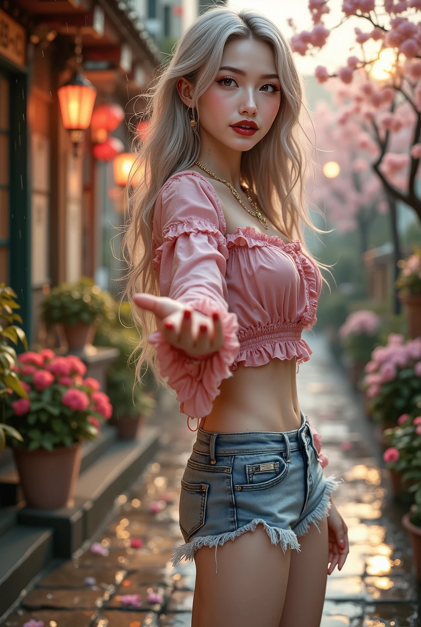  [Style: "masterpiece, realistic, Photorealistic realism, Hyper high resolution" - "(Hyper quality, intricate ultra-detailed digital art)"] (Key Directive: "The priority is the anatomical accuracy and texture of the materials as well as the quality of the eyes") {Character: "20-year-old white female" | Face: "symmetrical, pale skin, full lips, red lipstick: 1.15" | Eyes: "((sharp focus, no blurry eyes, Hyper absurd quality, Hyper details, {Hyper realistic brown eyes:1.4})) ((extra narrow eyebrows)) (Carefully draw Long blue_mascara:1.23) (perfect round eyes)" | Hair: "waist-length white curly (setting light reflections: 0.5)" | Pose: "dynamic side position" - "hand is stretched out towards the viewer (inviting hand gesture)" Outfit: [Top: "pink long sleeve crop top (a bold, feminine, elaborately detailed: 0.7)"] [Bottom: "short denim shorts ((tight, smooth))"] Environment: "garden street at sunset (((rain-slick cobblestones), colorful flowers, cherry blossoms))" | Lighting: - "Cinematic clarity and global illumination") Technical Specs: (DOF: "shallow, f/1.8, blurred crowd in background") (Post-Processing: "Specifications: (DPF: "deep, f/1.8, distinct garden in the background") (Post-production: "chromatic aberration: 0.7") (Rendering engine: "Unreal Engine 5 path tracing, 16K texture maps") }