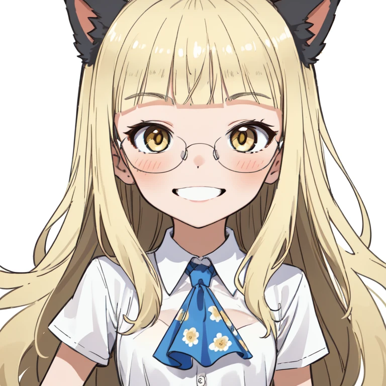 (1Girl, ), (((Solo))), (((perrine h. clostermann))), (((Blonde Hair, Bangs, Blunt Bangs, Wavy Hair:0.6, Long Hair:1.2, Very Long Hai:1.2))), (((Gold Eyes:1.2))), (((Glasses))), (((Animal Ears, Black Cat Ears))), (No eyebrows),
BREAK; 
(((Shirt, White Shirt, Blouse, Short Sleeves))), (((Ascot, Blue Ascot))), (((Jitome))), Half-Closed Eyes:0.4, Thighs:1.1, (((Small :1.4))), (((Big :1.2))), (((Blush))), (((Smile:1.4))),
BREAK; 
((Face Close-Up, Face Extreme Close-Up)), (Simple BackGround), (Floral Print:1.2), (((White BackGround:1.2))), (Flower BackGround),
BREAK; 
8K, Best Quality, Ultra Detailliert, Highres, Absurdres, Perfect , Masterpiece, Strong Outline,
